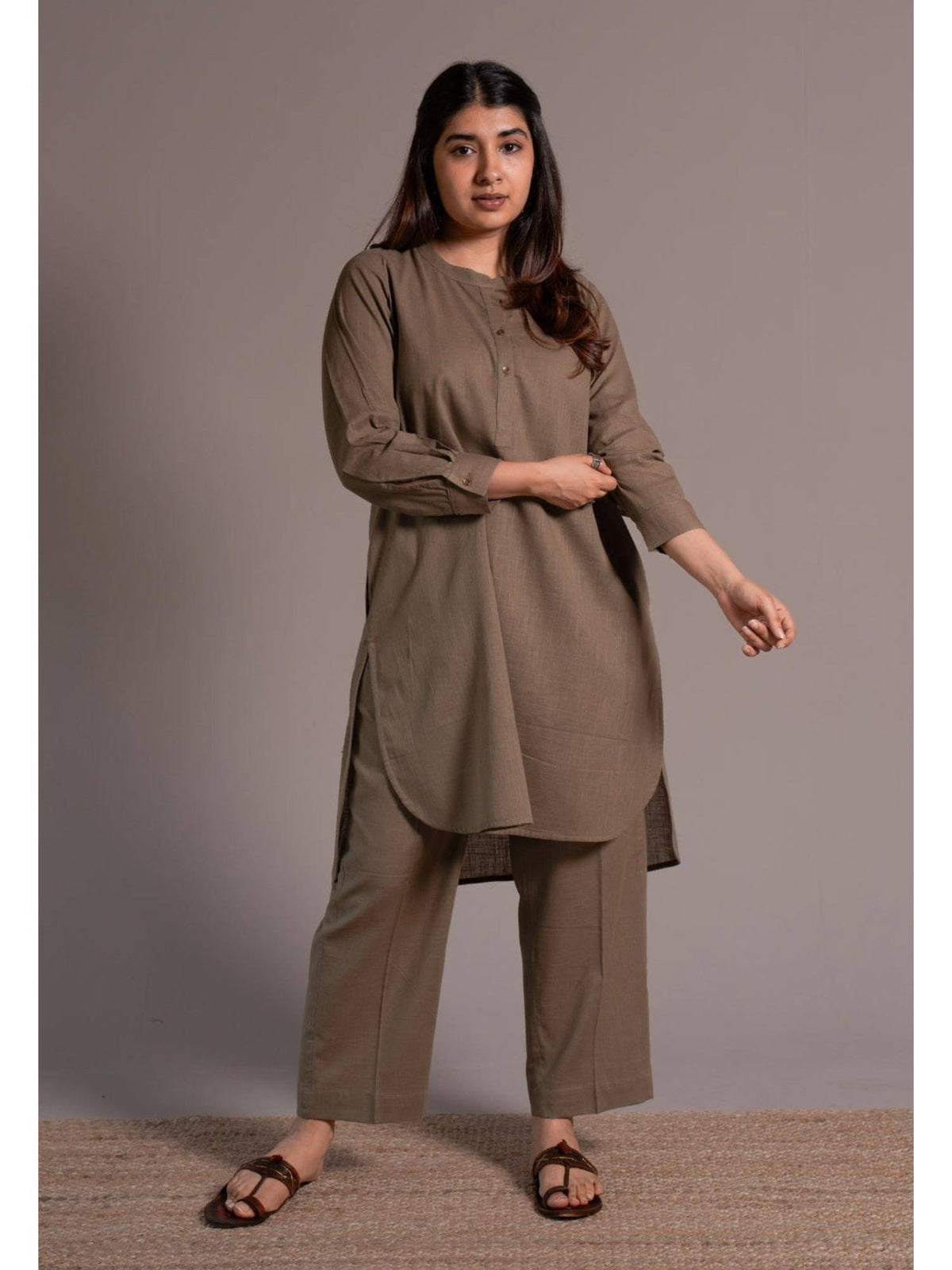 Khaki Solid Slub Cotton Straight Kurta | KDG - view 7
