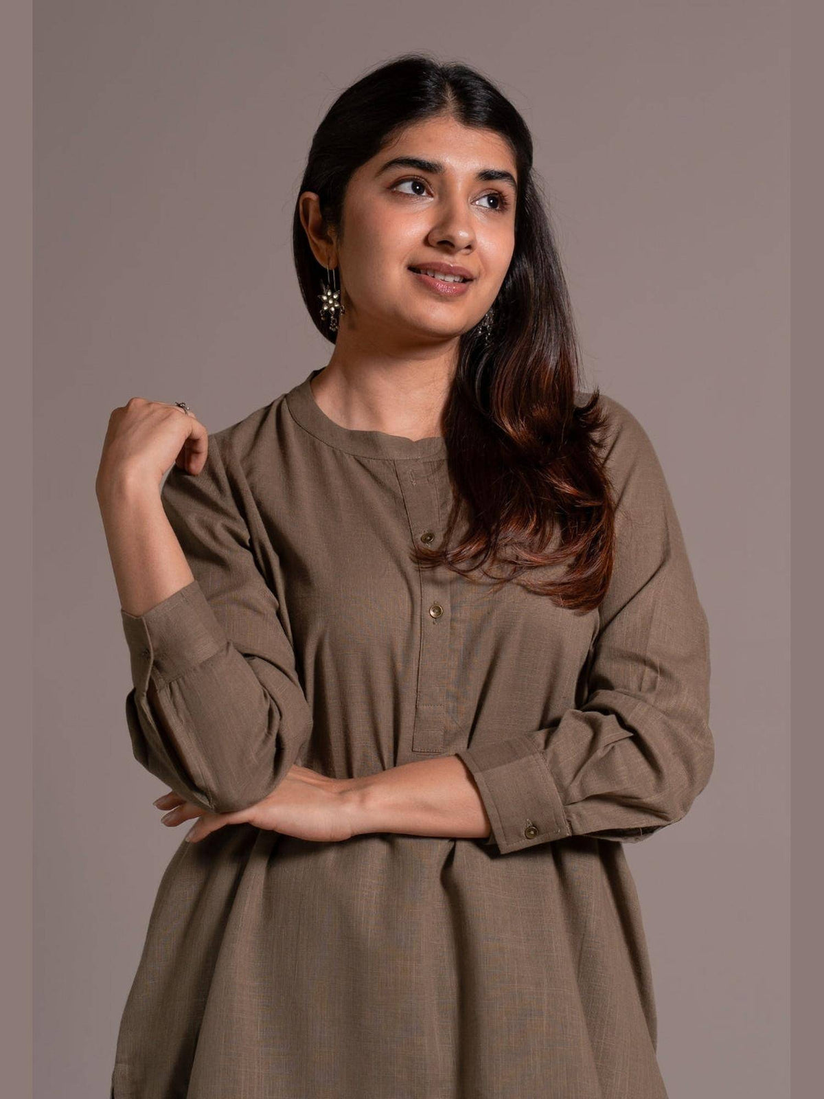 Khaki Solid Slub Cotton Straight Kurta | KDG - view 9