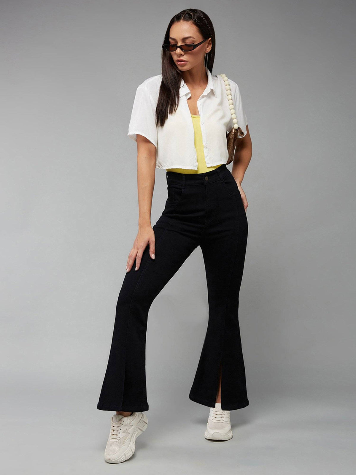 Womens Black Bootcut High-Rise Clean-Look Stretchable Denim Jeans | BT10 - view 1
