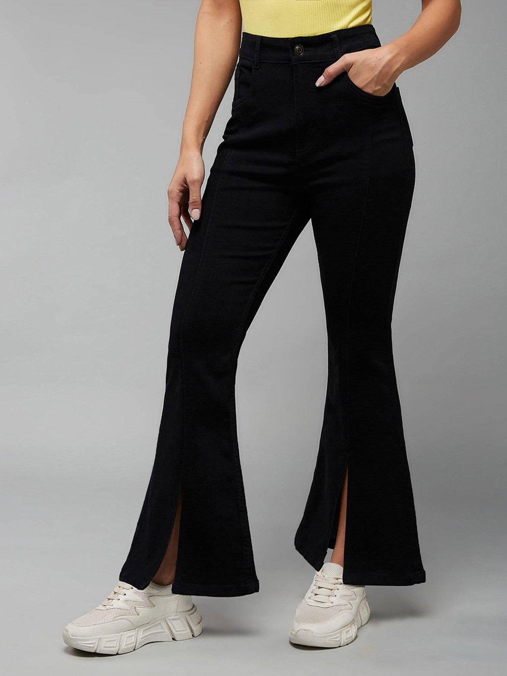 Womens Black Bootcut High-Rise Clean-Look Stretchable Denim Jeans | BT10 - view 3