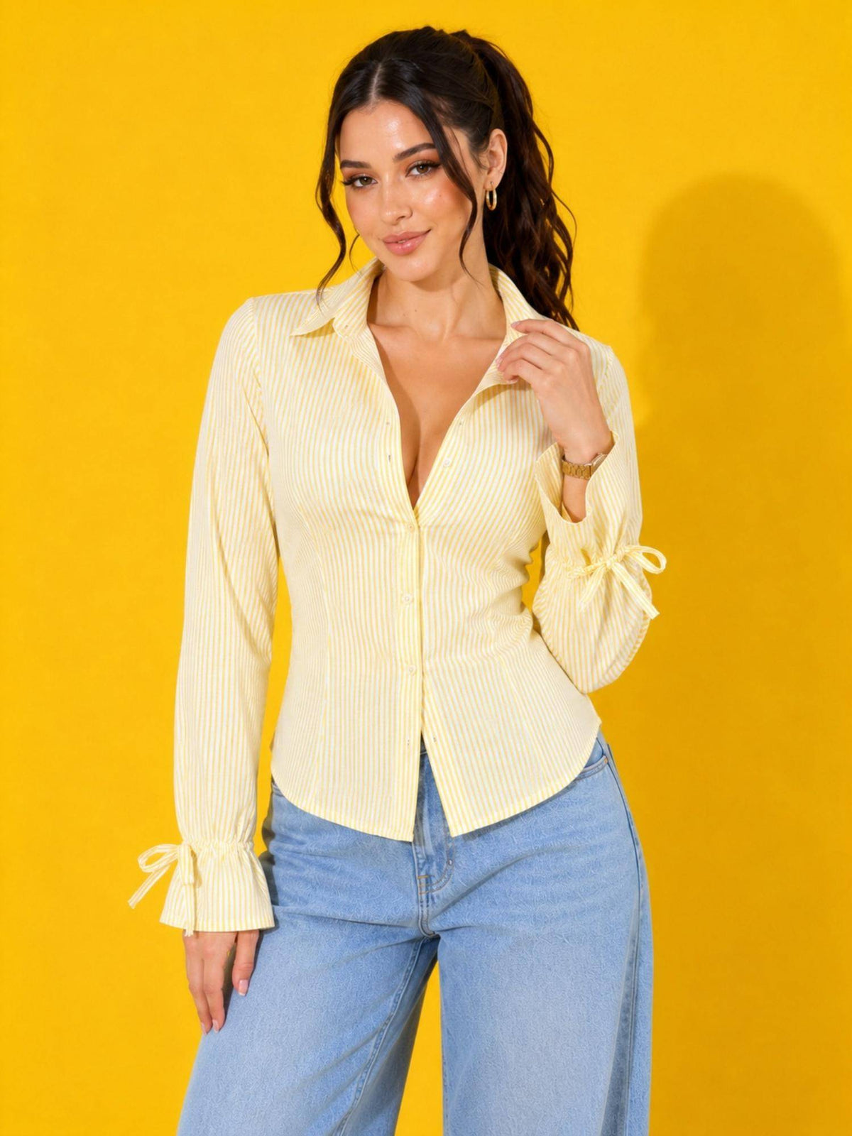 Pink Striped with Tie Cuff Long Sleeve Shirt | S67 - view 6