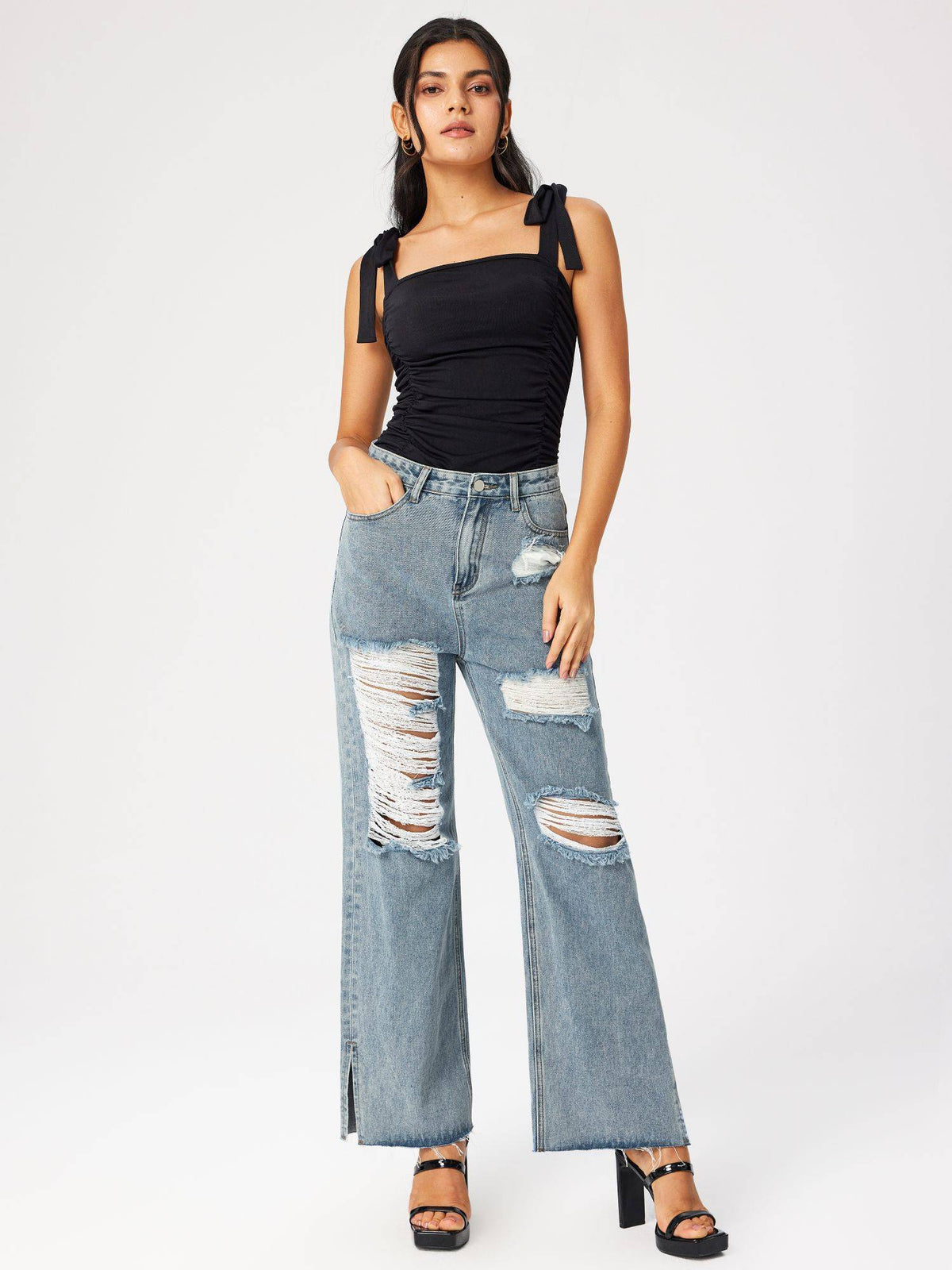 Denim Ripped Wide Leg Jeans | WL90 - view 3