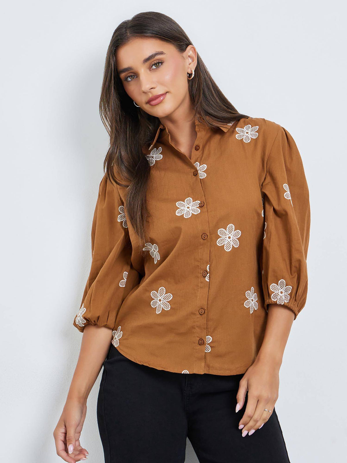 Women Brown Floral Embroidered Regular Fit Shirt | S67 - view 1