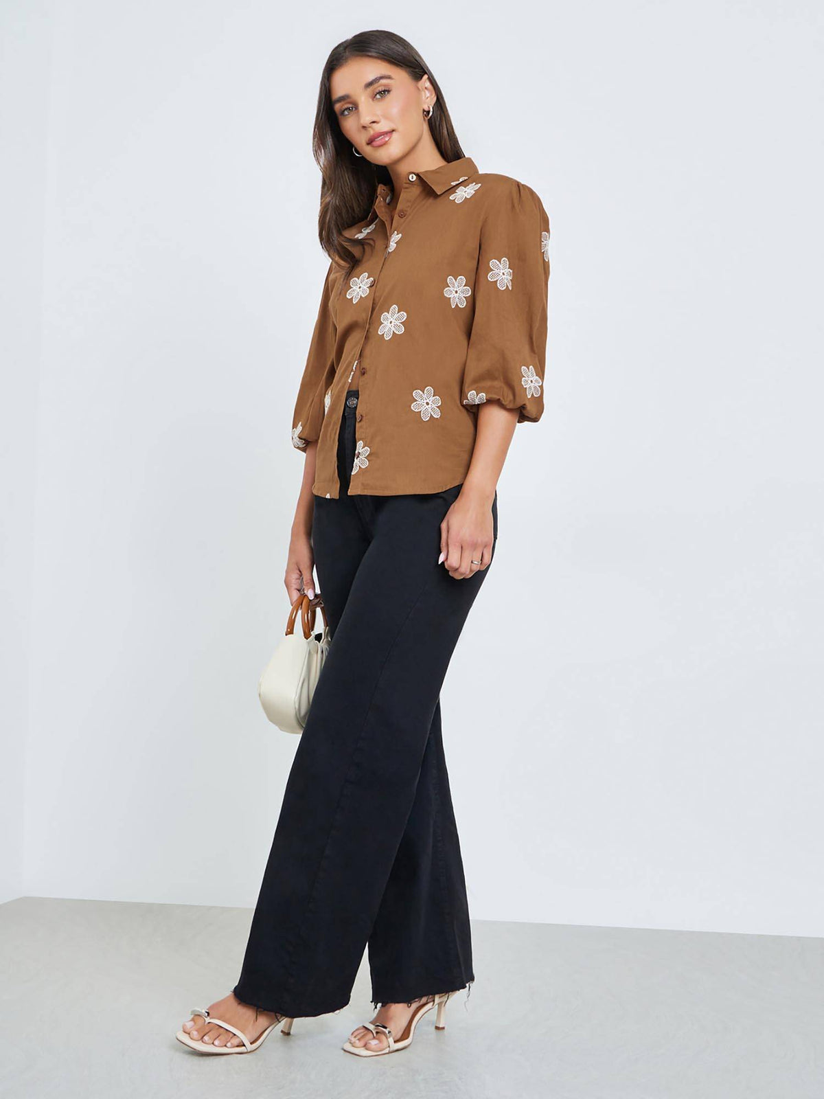 Women Brown Floral Embroidered Regular Fit Shirt | S67 - view 2