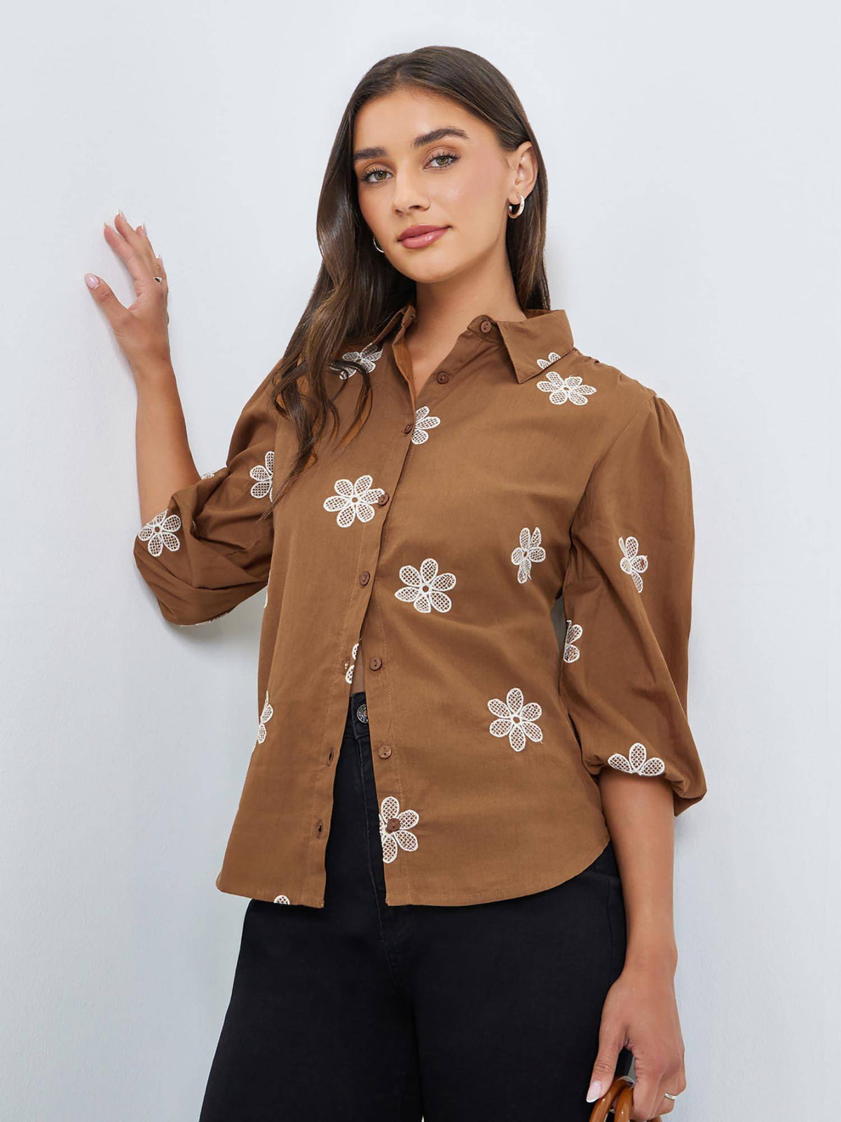 Women Brown Floral Embroidered Regular Fit Shirt | S67 - view 3