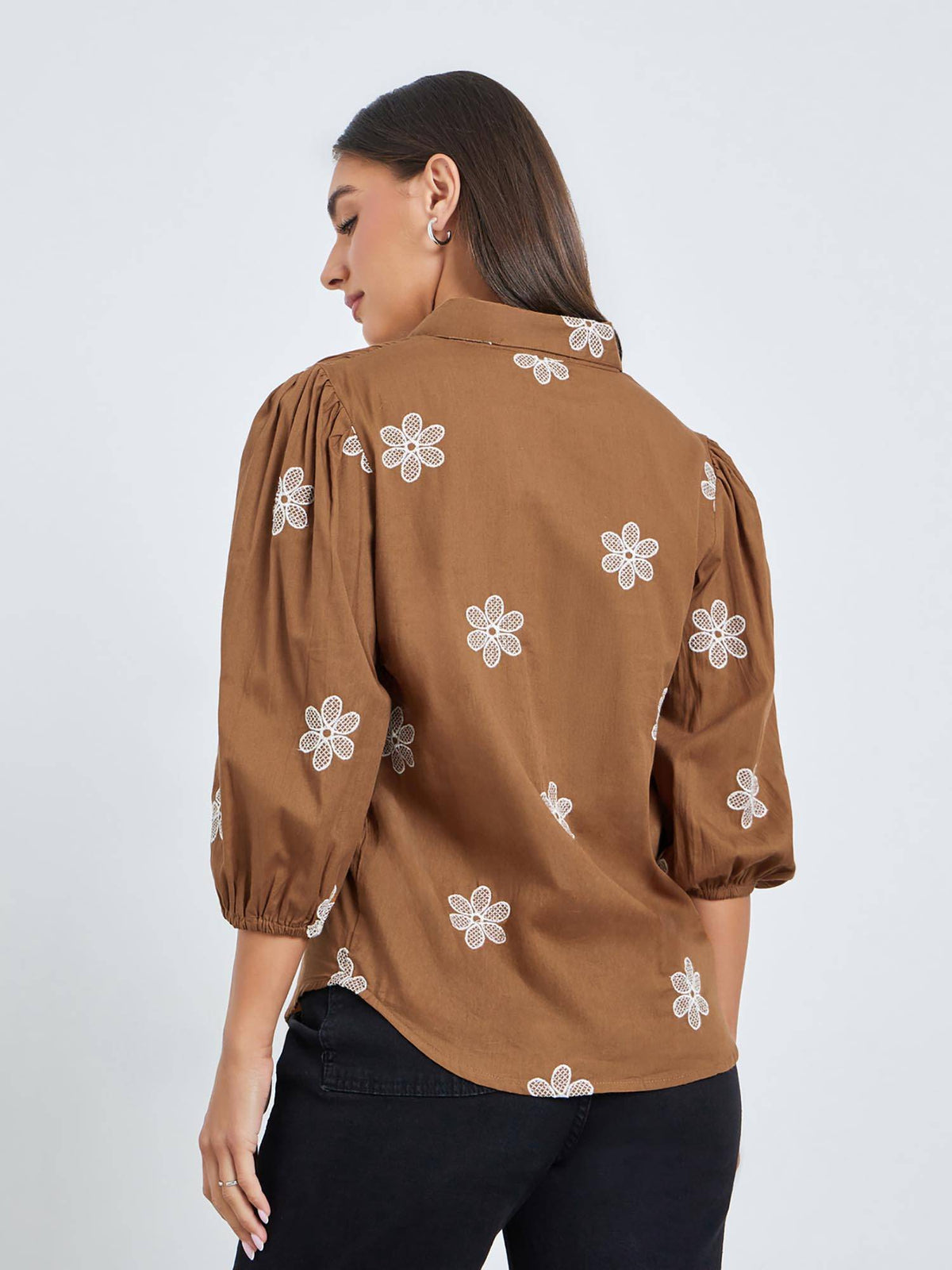 Women Brown Floral Embroidered Regular Fit Shirt | S67 - view 5
