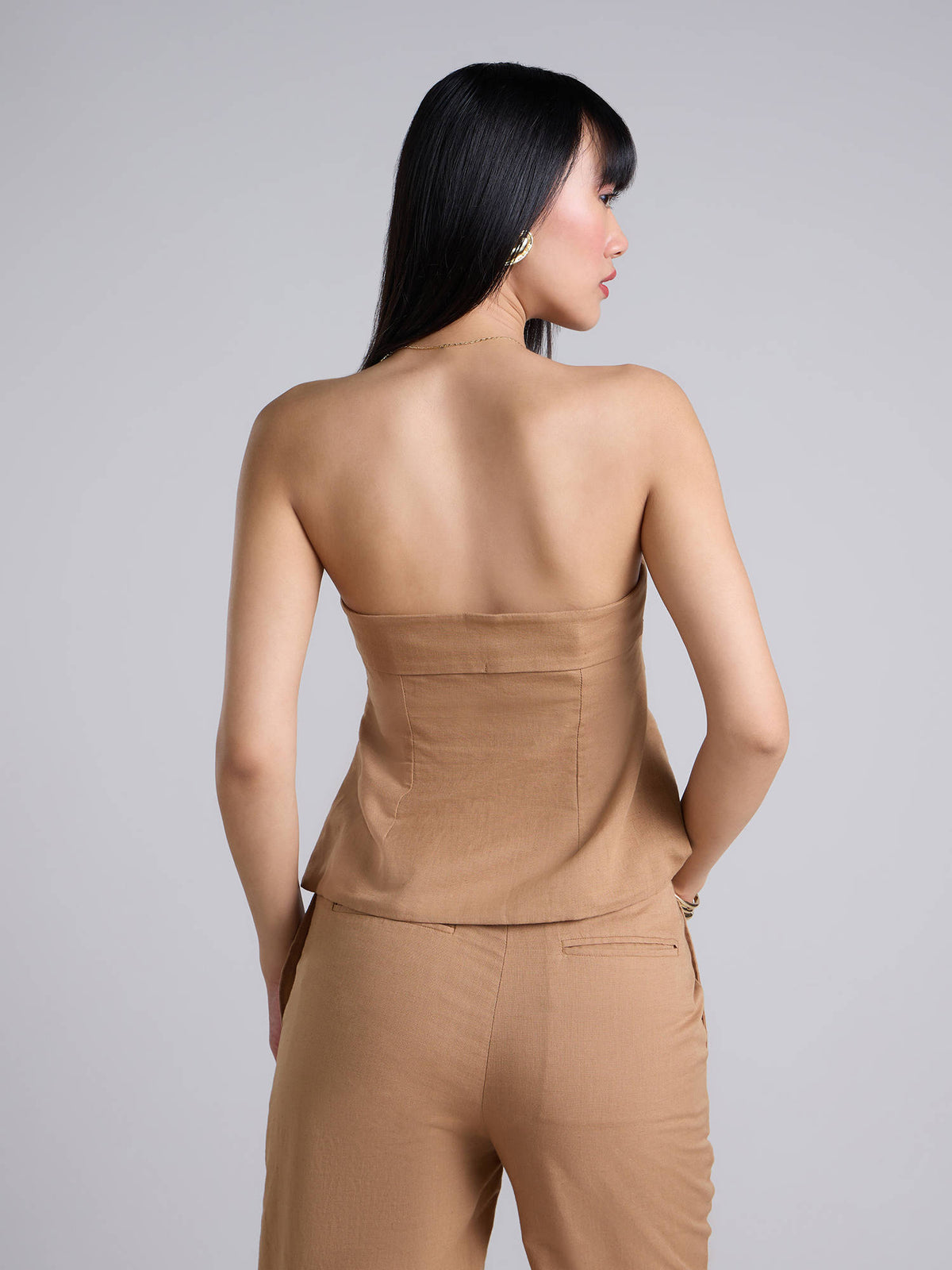 Khaki Brown Solid Tube Collar Neck Korean Linen Top | TT90 - view 2