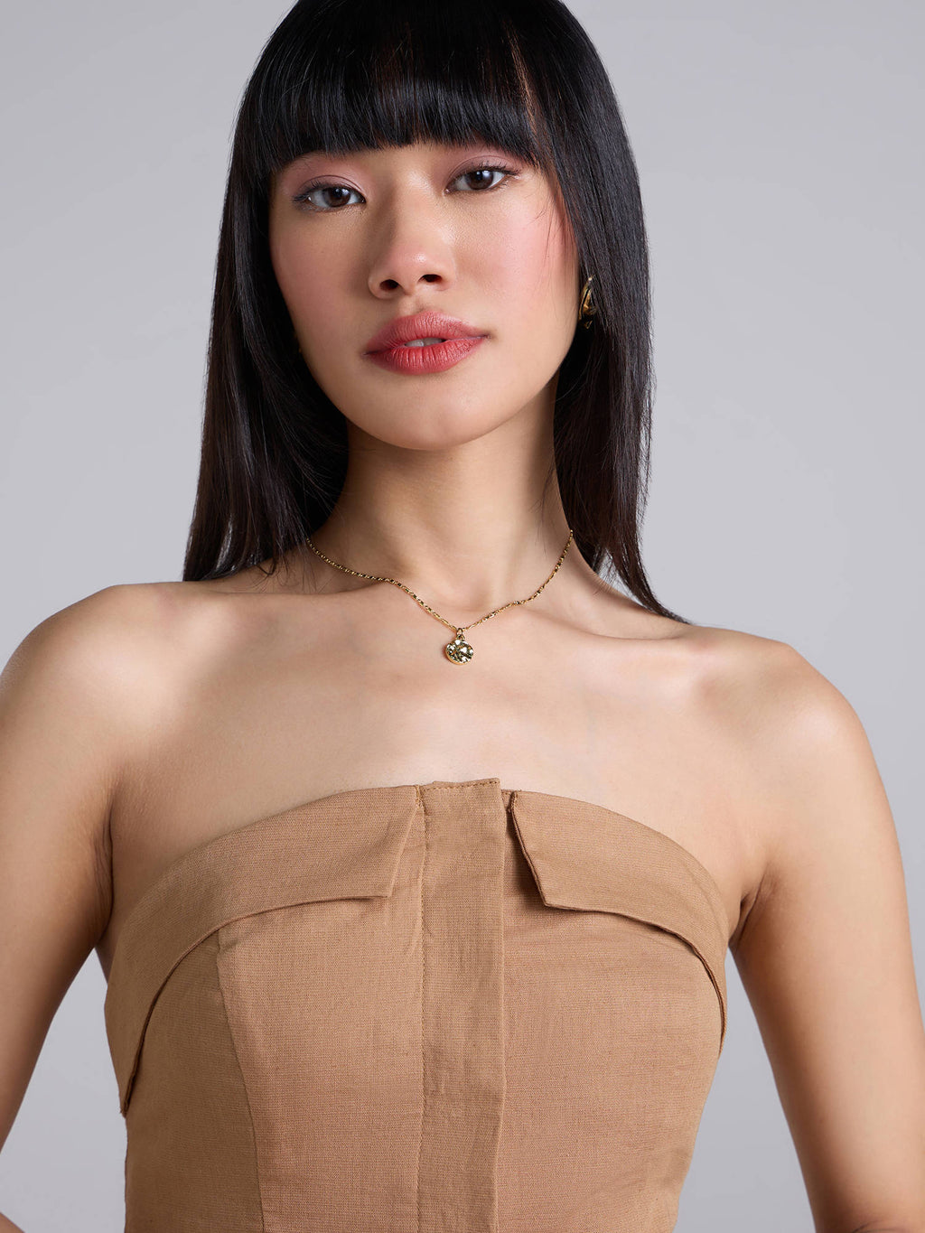Khaki Brown Solid Tube Collar Neck Korean Linen Top | TT90 - view 5