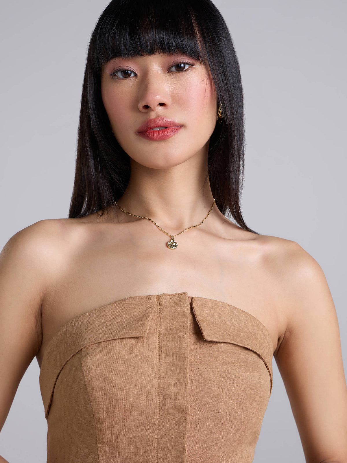 Khaki Brown Solid Tube Collar Neck Korean Linen Top | TT90 - view 5