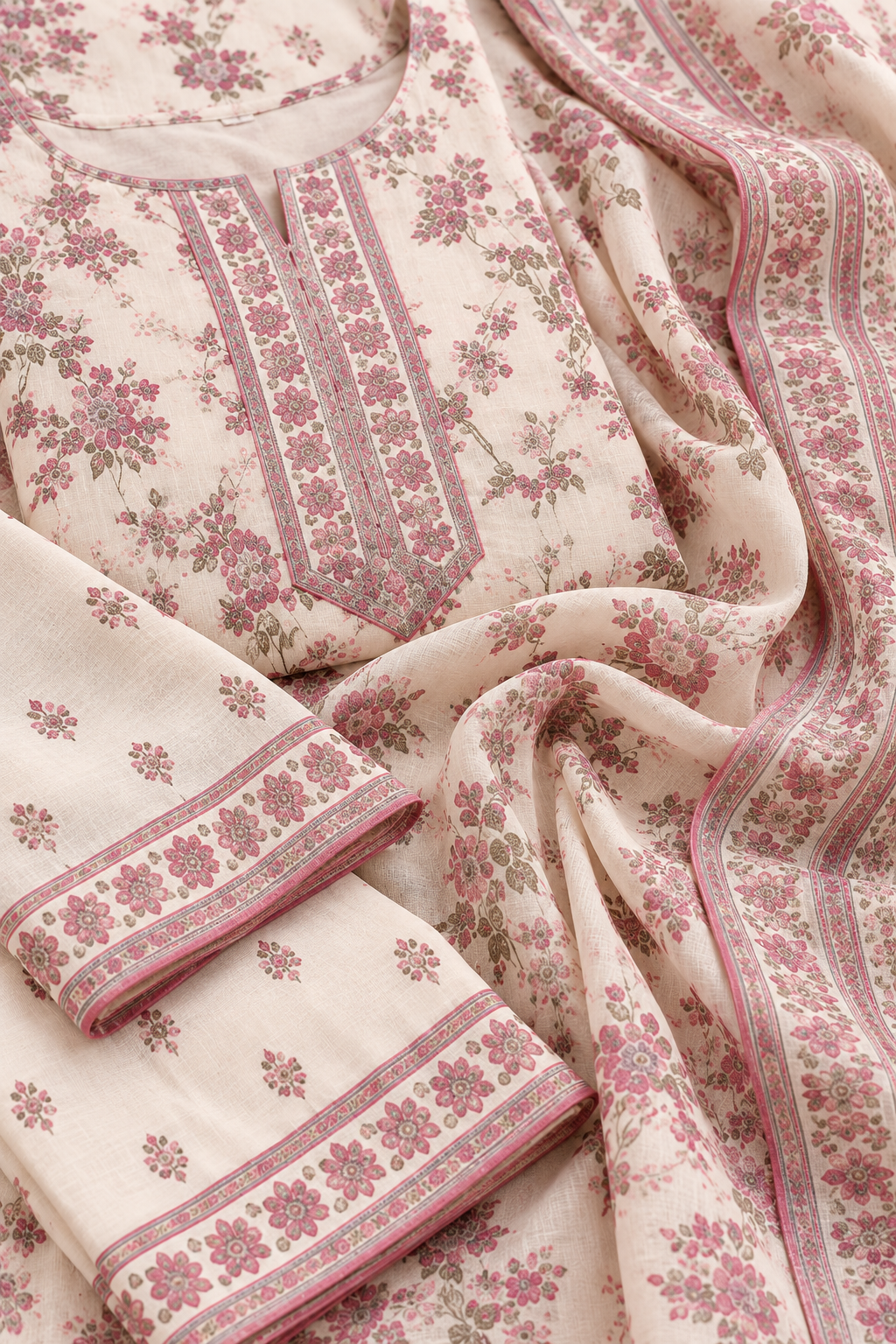 Ivory Floral Kurta Set with Printed Dupatta
