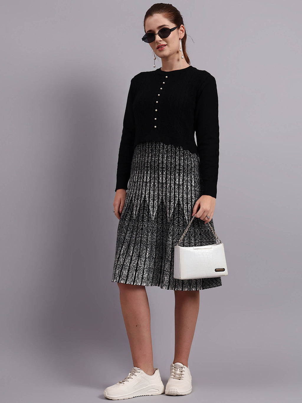 Women Black Textured Wool Dress | D56 - view 3