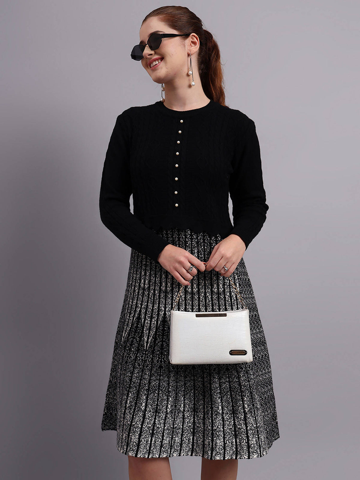 Women Black Textured Wool Dress | D56 - view 7