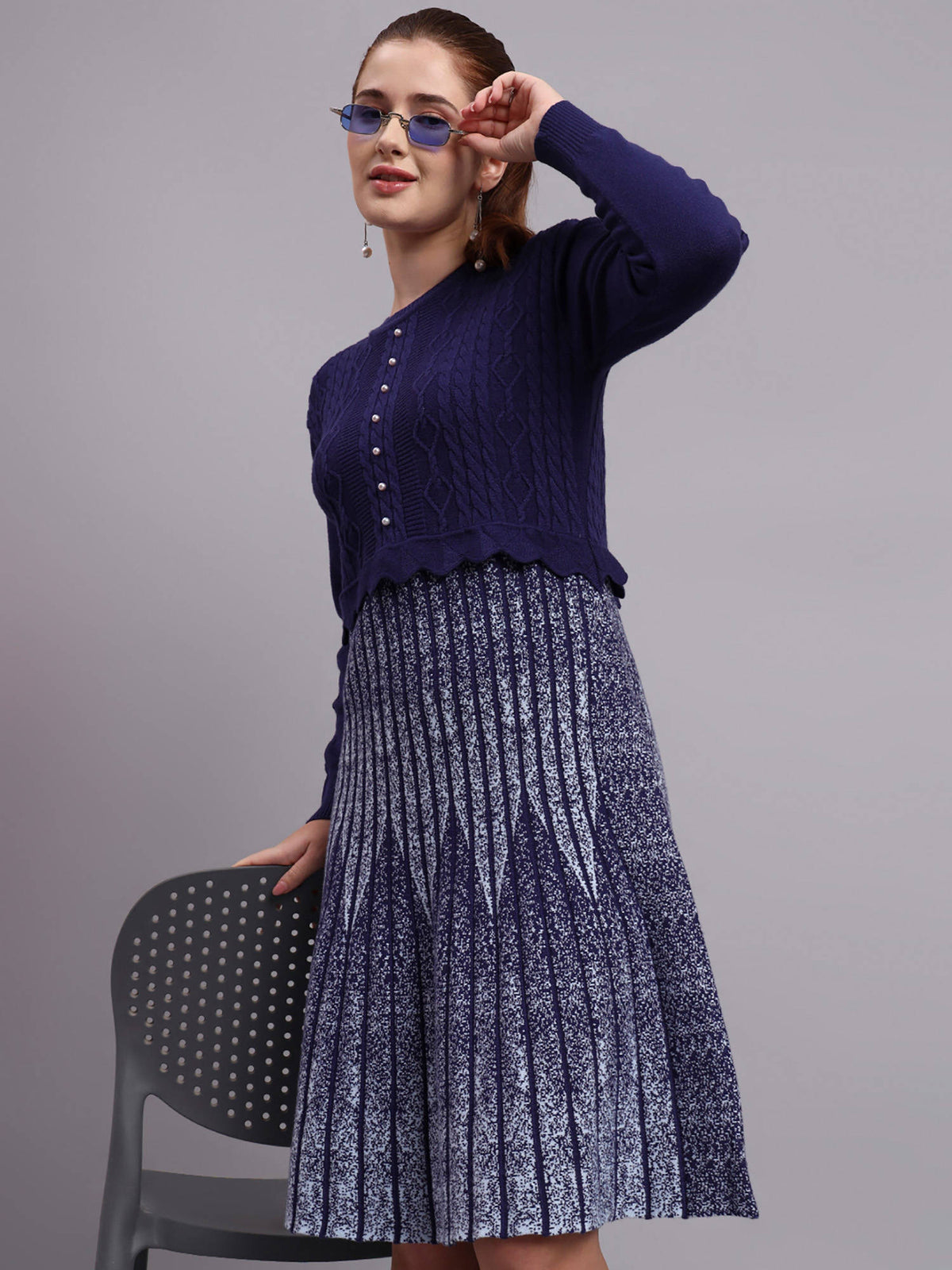 Women Black Textured Wool Dress | D56 - view 14
