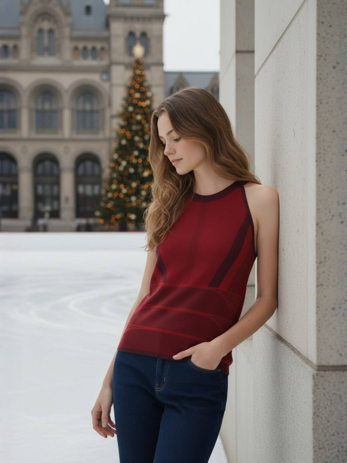 Seamless cotton knitted Halter Neck Top - Red | HT67 - view 2