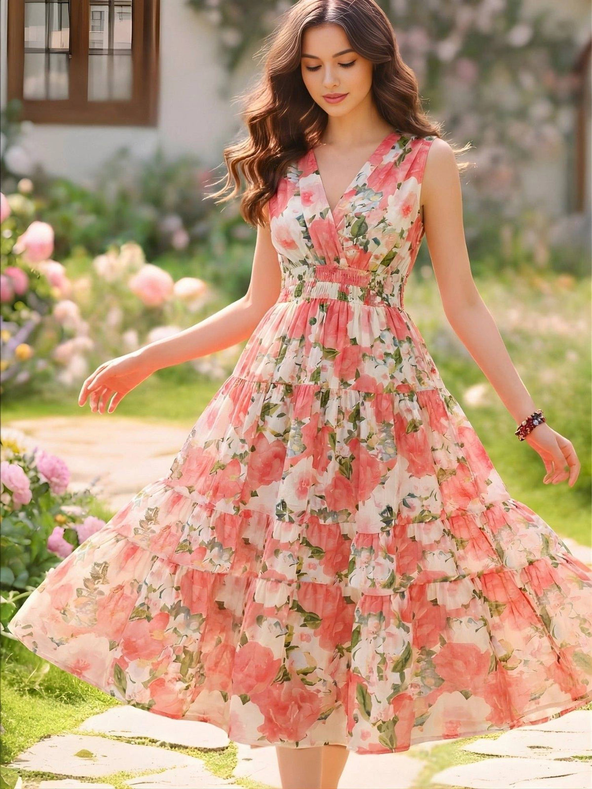 Women Pink Cotton Floral Flared Dress | D56 - view 1