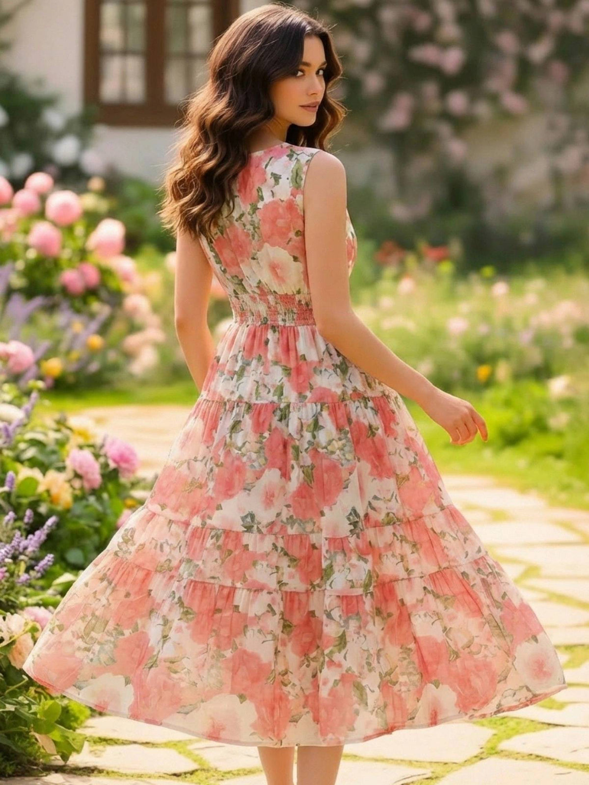 Women Pink Cotton Floral Flared Dress | D56 - view 2