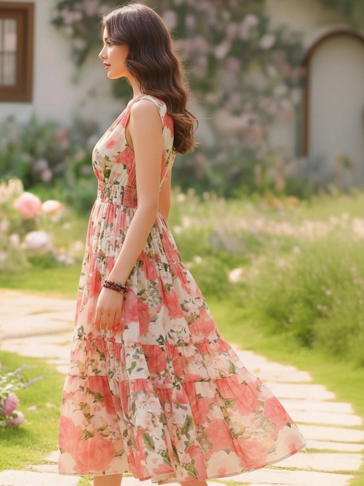 Women Pink Cotton Floral Flared Dress | D56 - view 3