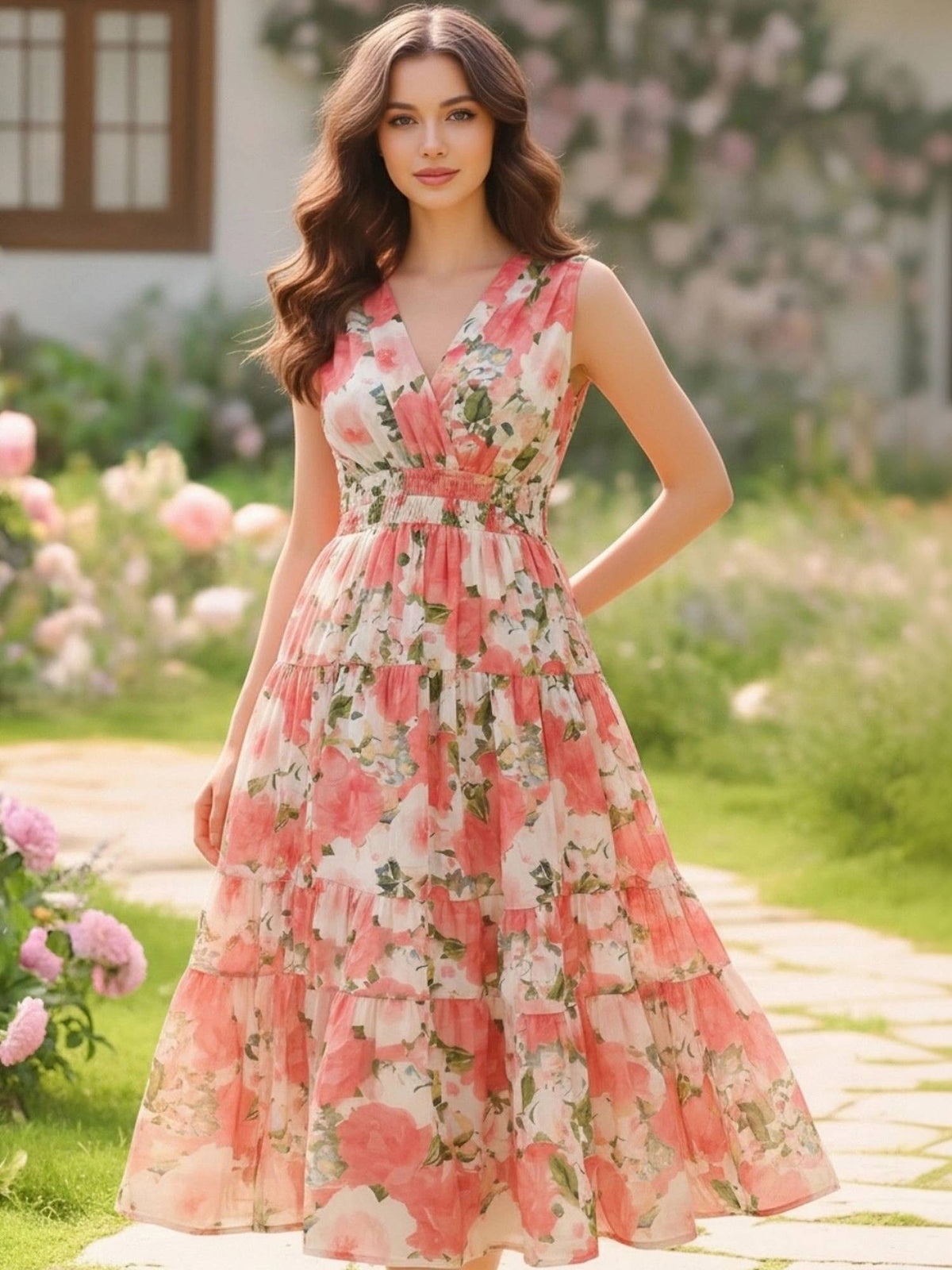 Women Pink Cotton Floral Flared Dress | D56 - view 5
