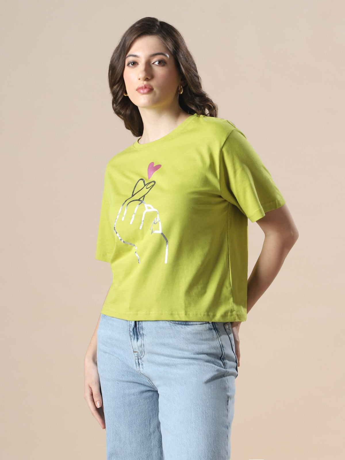 Women Green Drop Shoulder Korean Graphic Printed Oversized Trendy Crop T-Shirt | TS56 - view 2