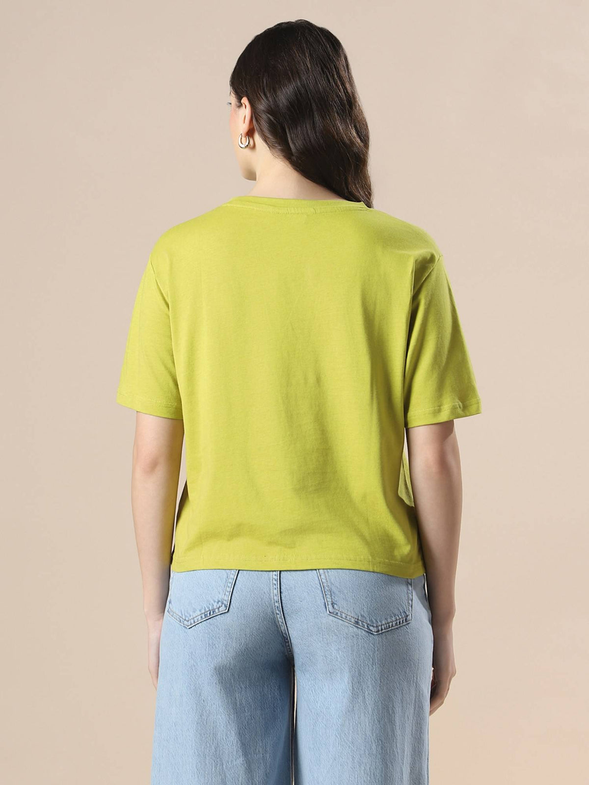 Women Green Drop Shoulder Korean Graphic Printed Oversized Trendy Crop T-Shirt | TS56 - view 3