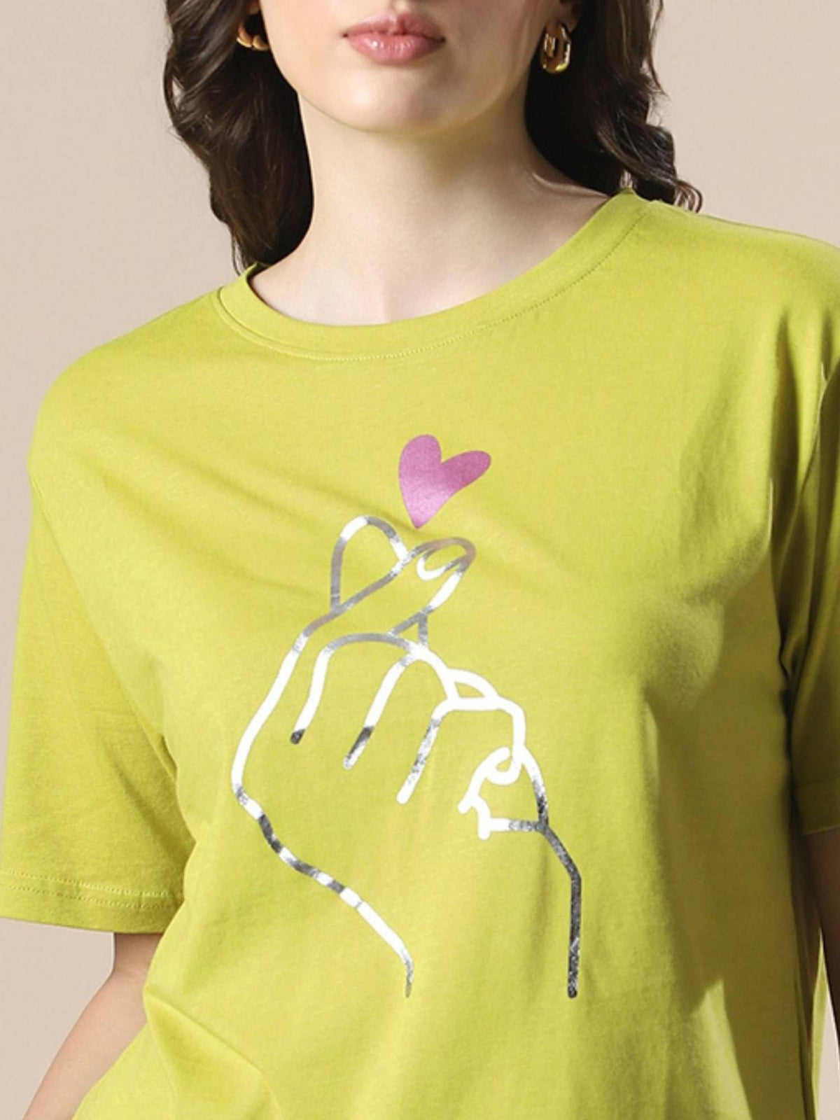Women Green Drop Shoulder Korean Graphic Printed Oversized Trendy Crop T-Shirt | TS56 - view 4