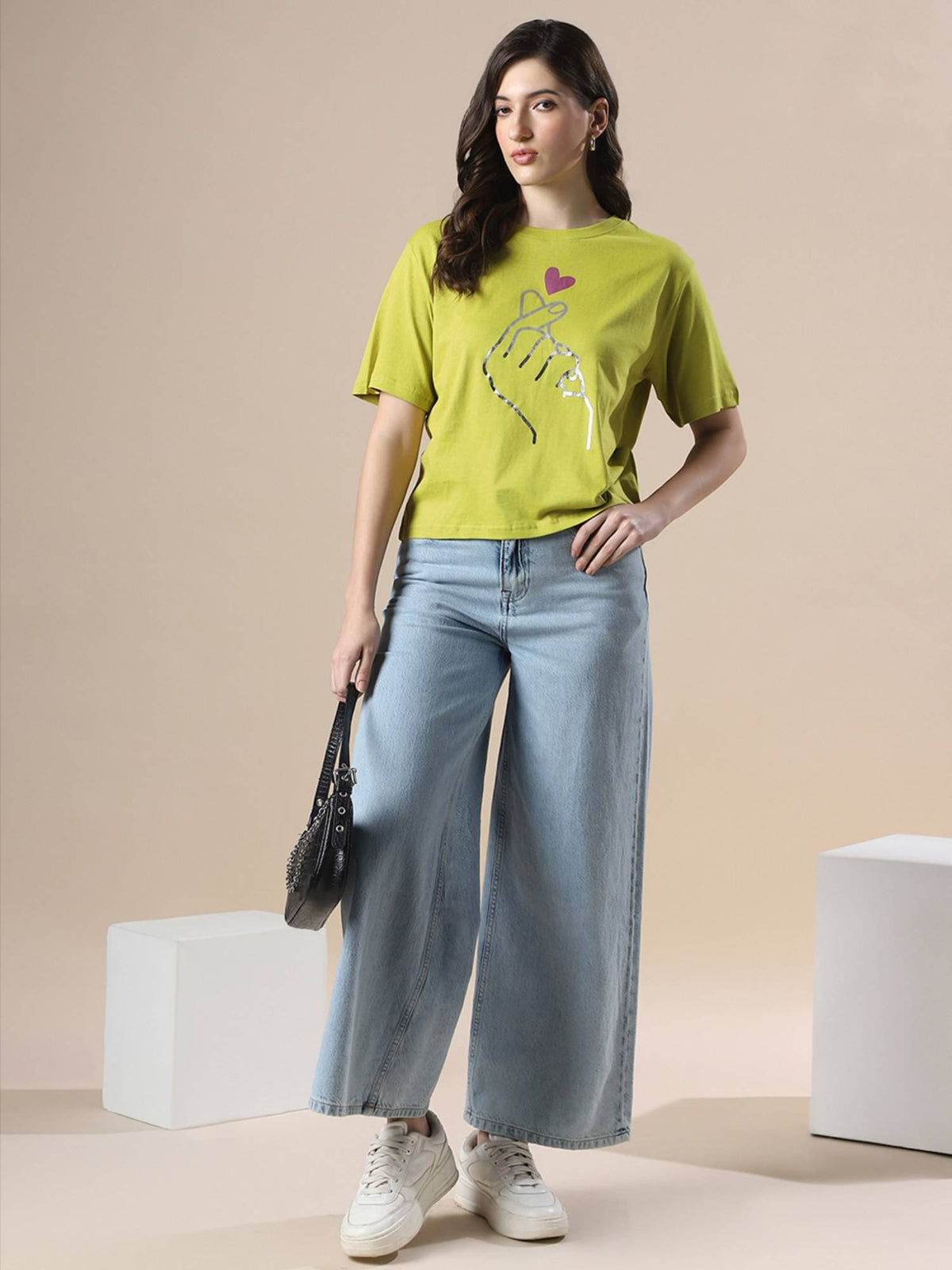 Women Green Drop Shoulder Korean Graphic Printed Oversized Trendy Crop T-Shirt | TS56 - view 5