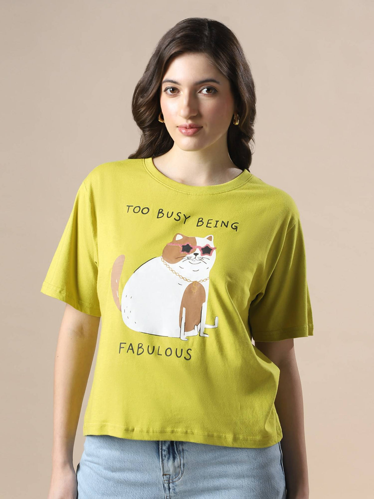 Women Green Drop Shoulder Graphic Printed Oversized Trendy Crop T-Shirt | TS56 - view 1