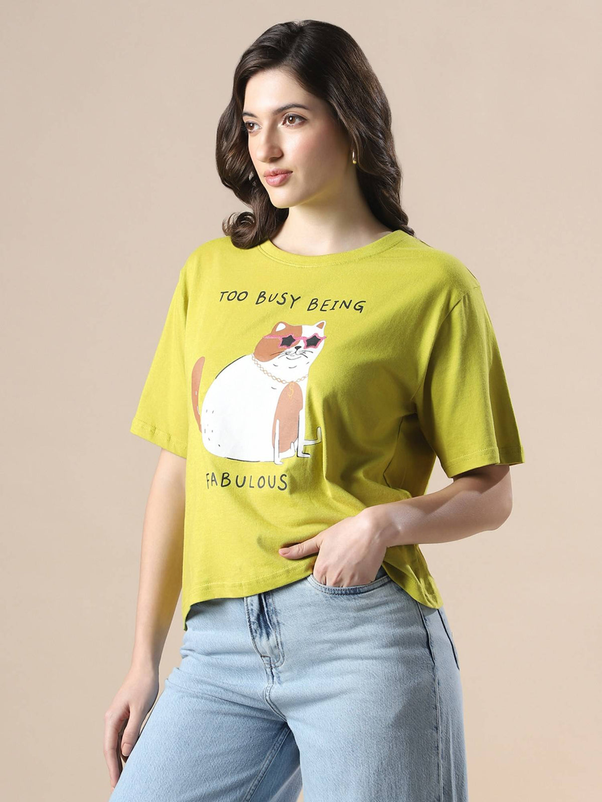 Women Green Drop Shoulder Graphic Printed Oversized Trendy Crop T-Shirt | TS56 - view 2
