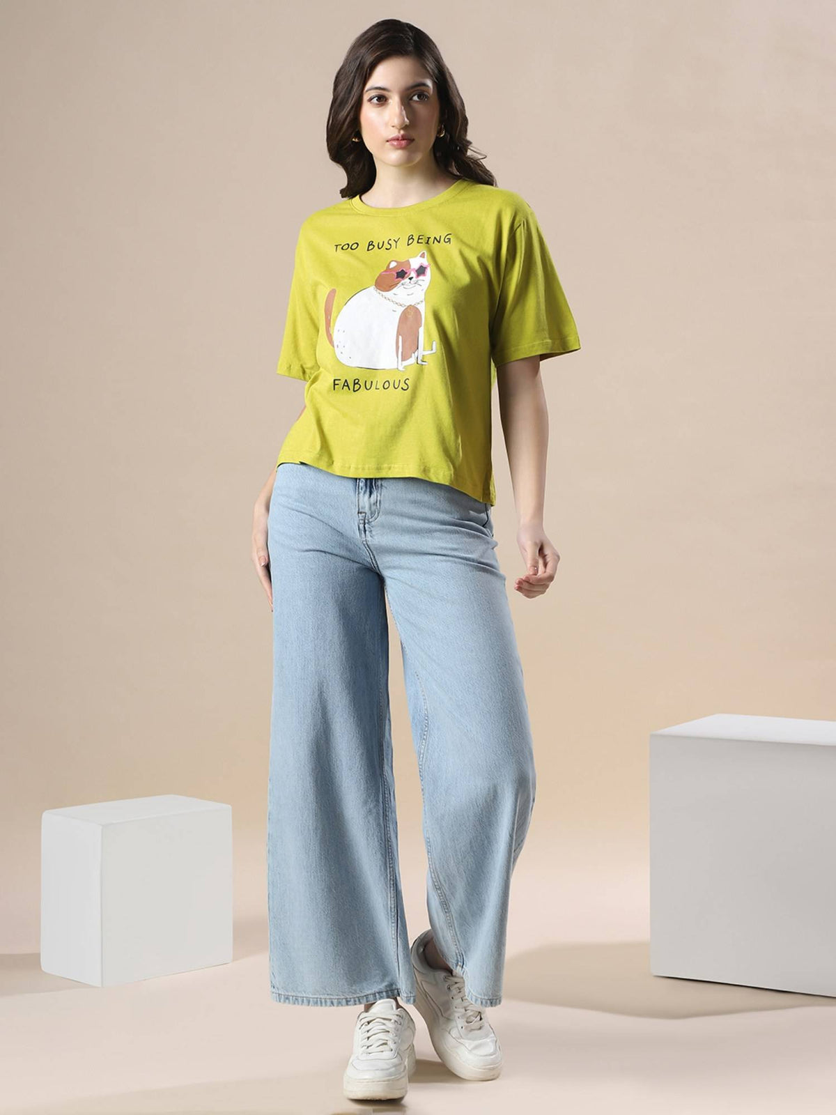 Women Green Drop Shoulder Graphic Printed Oversized Trendy Crop T-Shirt | TS56 - view 5
