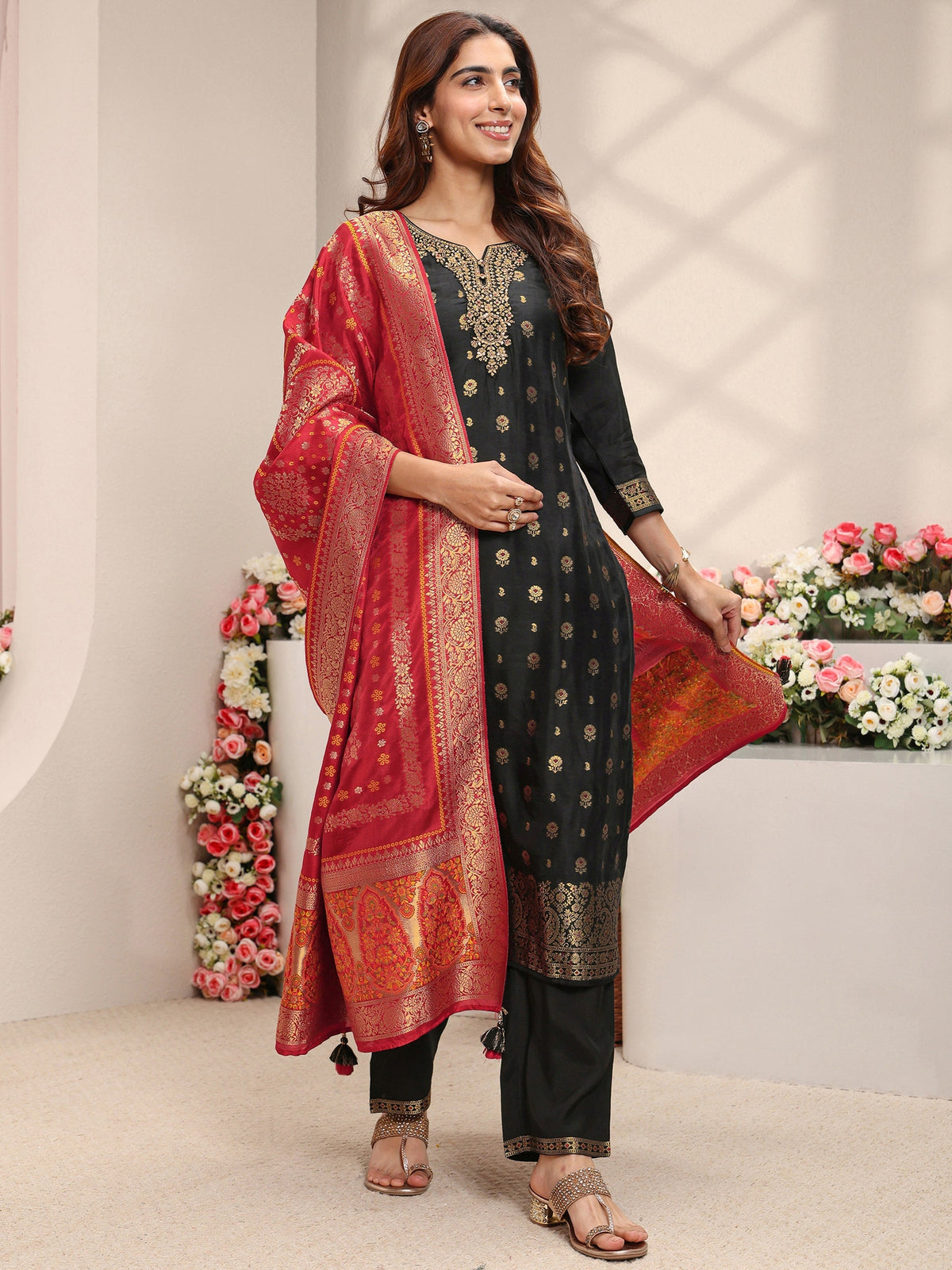 Libas Black Floral Woven Design Silk Blend Straight Suit Set With Dupatta