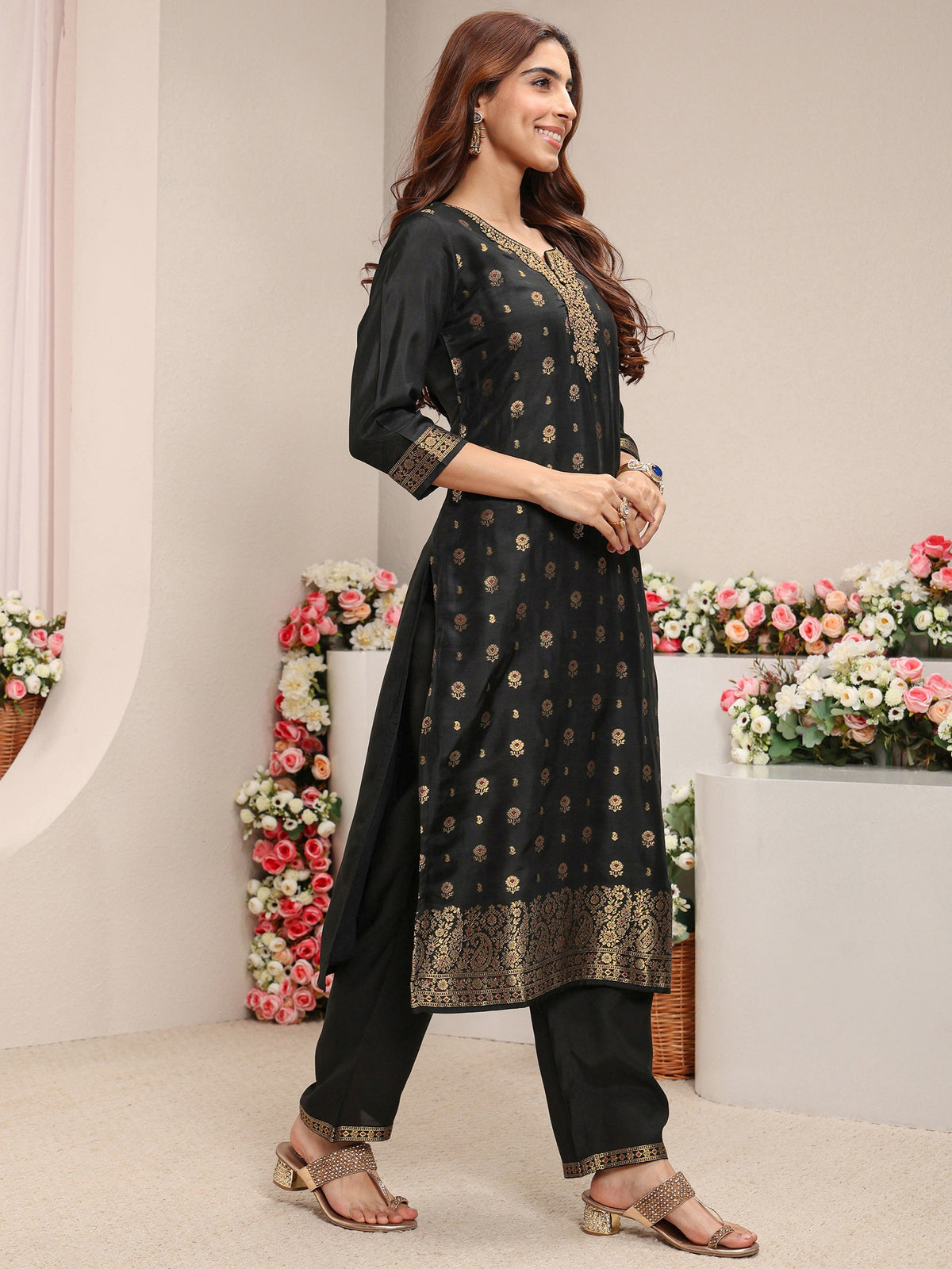 Libas Black Floral Woven Design Silk Blend Straight Suit Set With Dupatta