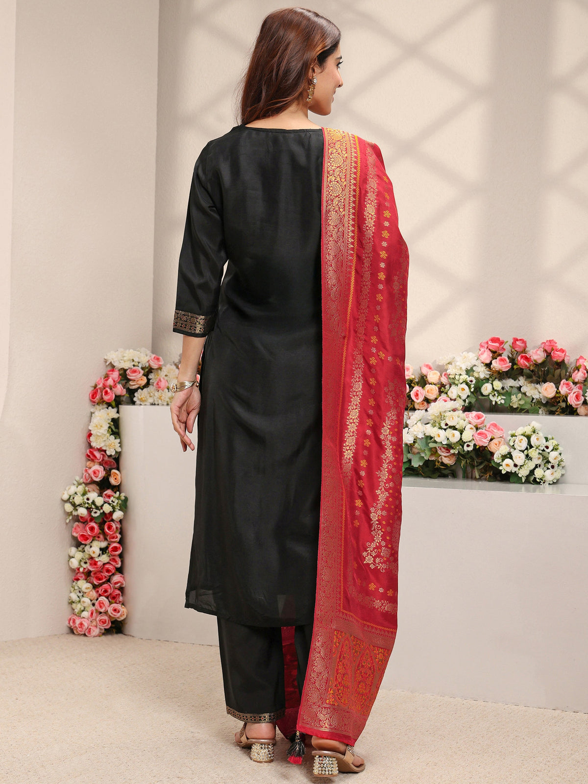 Libas Black Floral Woven Design Silk Blend Straight Suit Set With Dupatta