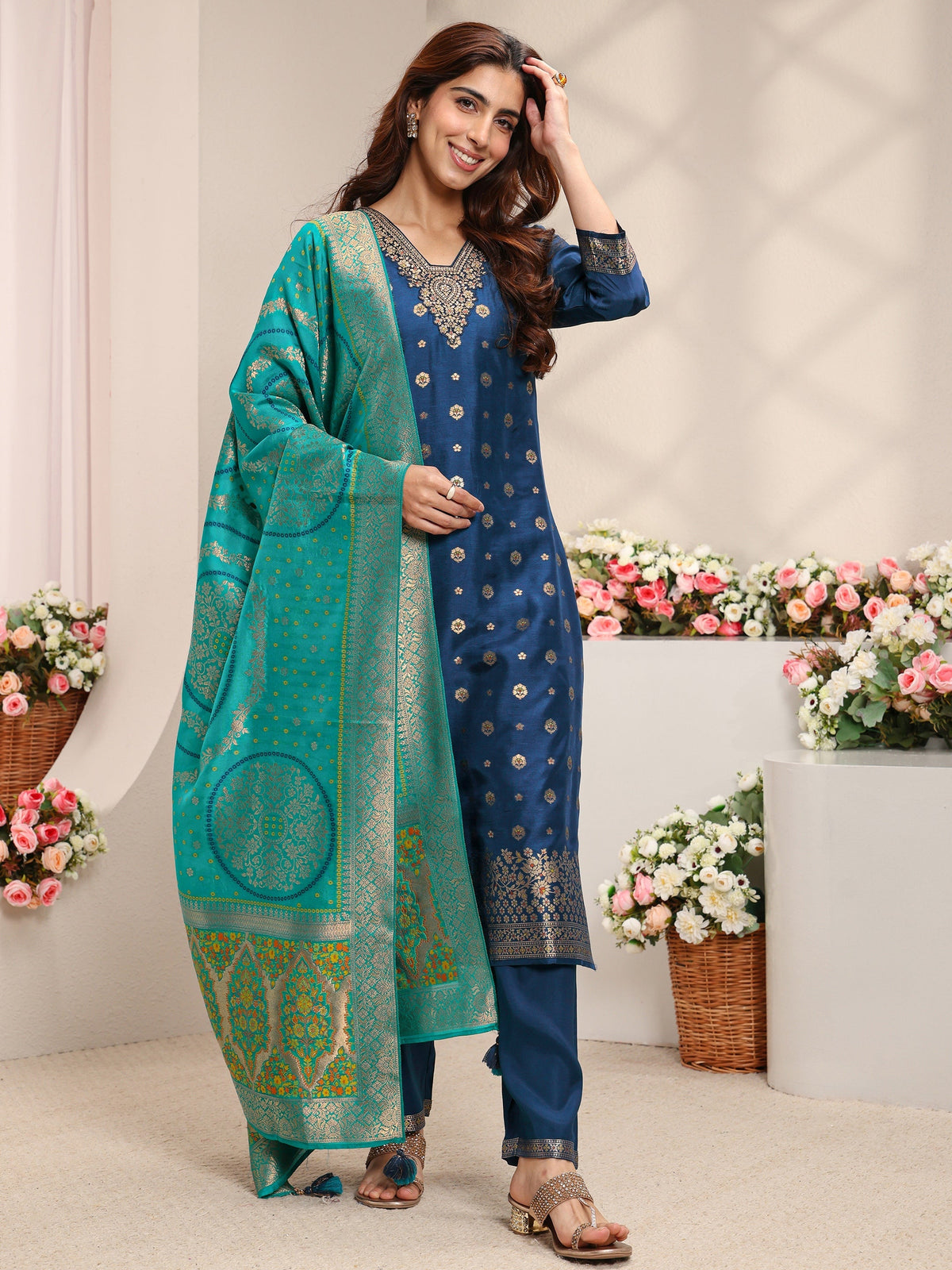 Libas Blue Woven Design Silk Blend Straight Suit Set With Dupatta