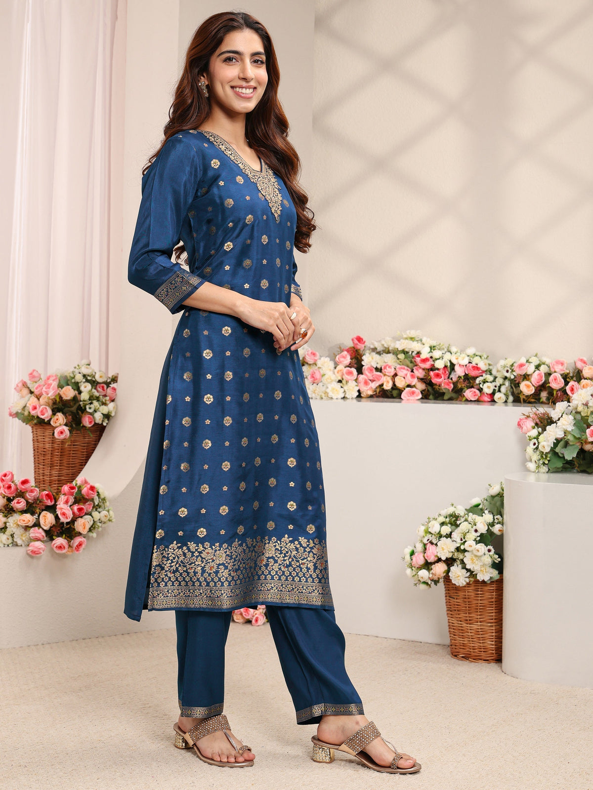 Libas Blue Woven Design Silk Blend Straight Suit Set With Dupatta