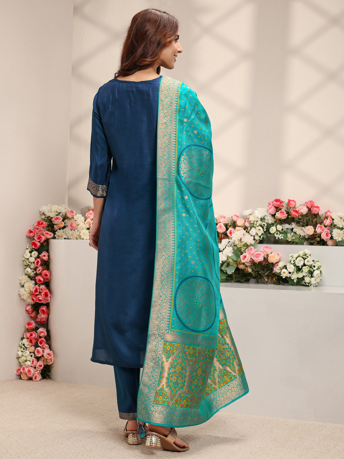 Libas Blue Woven Design Silk Blend Straight Suit Set With Dupatta