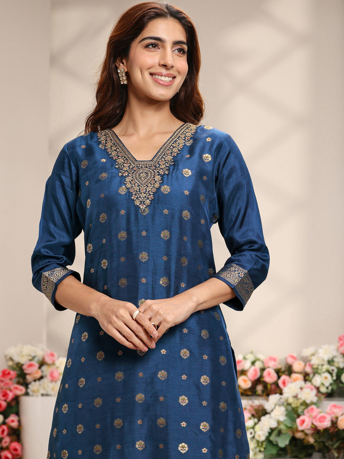 Libas Blue Woven Design Silk Blend Straight Suit Set With Dupatta