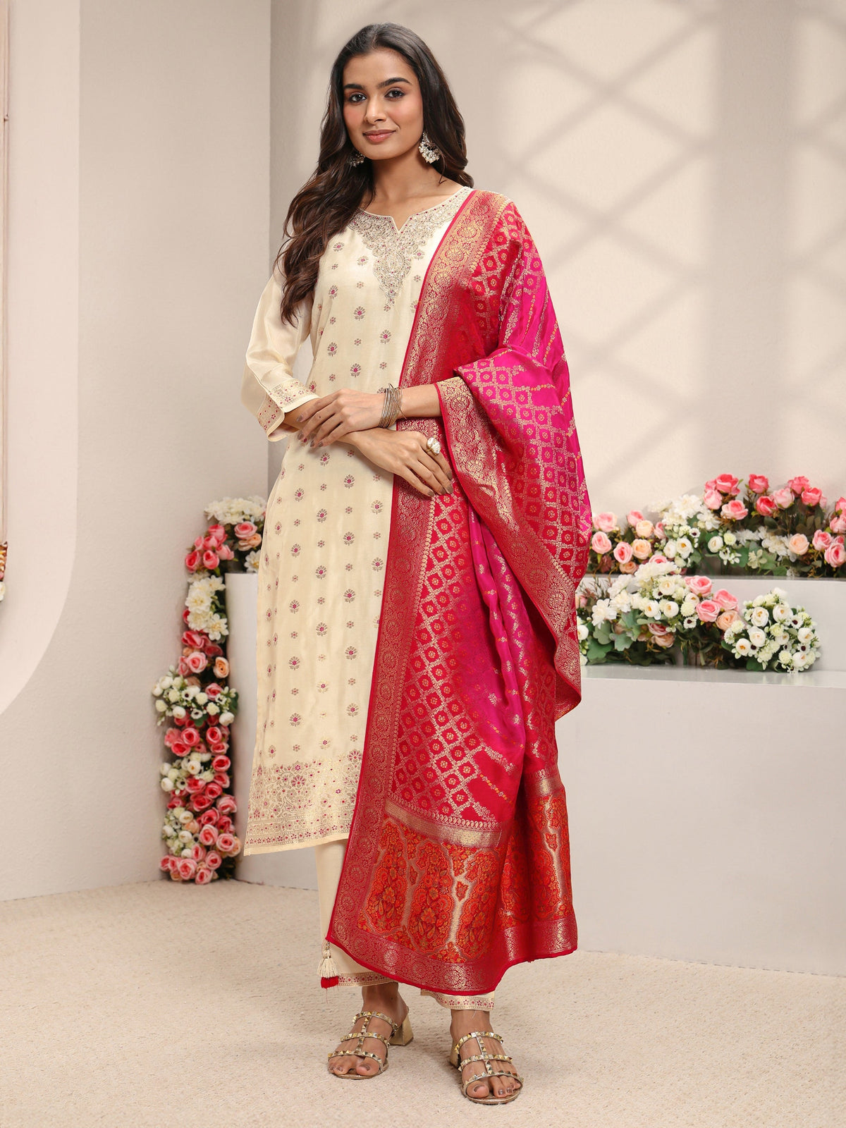 Libas Ivory Woven Design Silk Blend Straight Suit Set With Dupatta