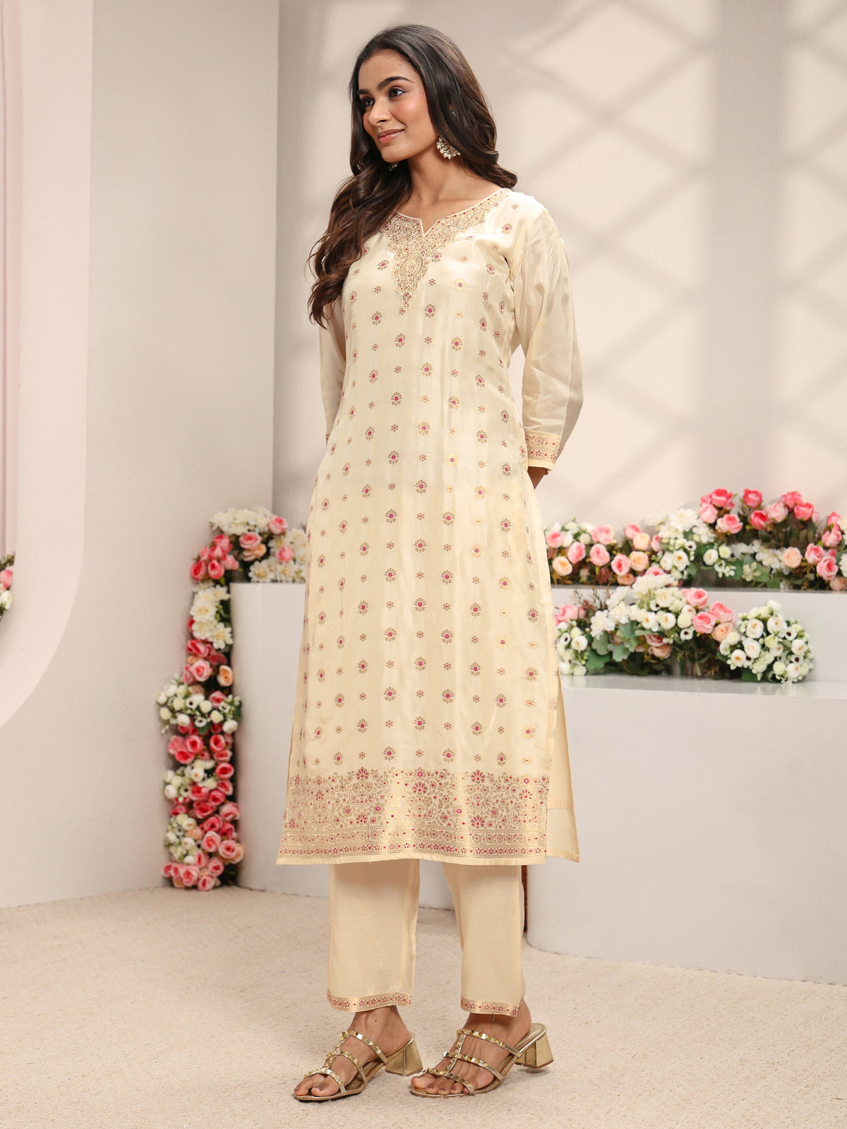 Libas Ivory Woven Design Silk Blend Straight Suit Set With Dupatta