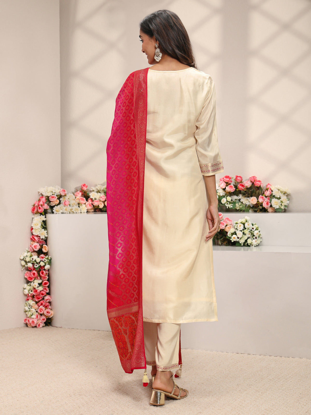 Libas Ivory Woven Design Silk Blend Straight Suit Set With Dupatta