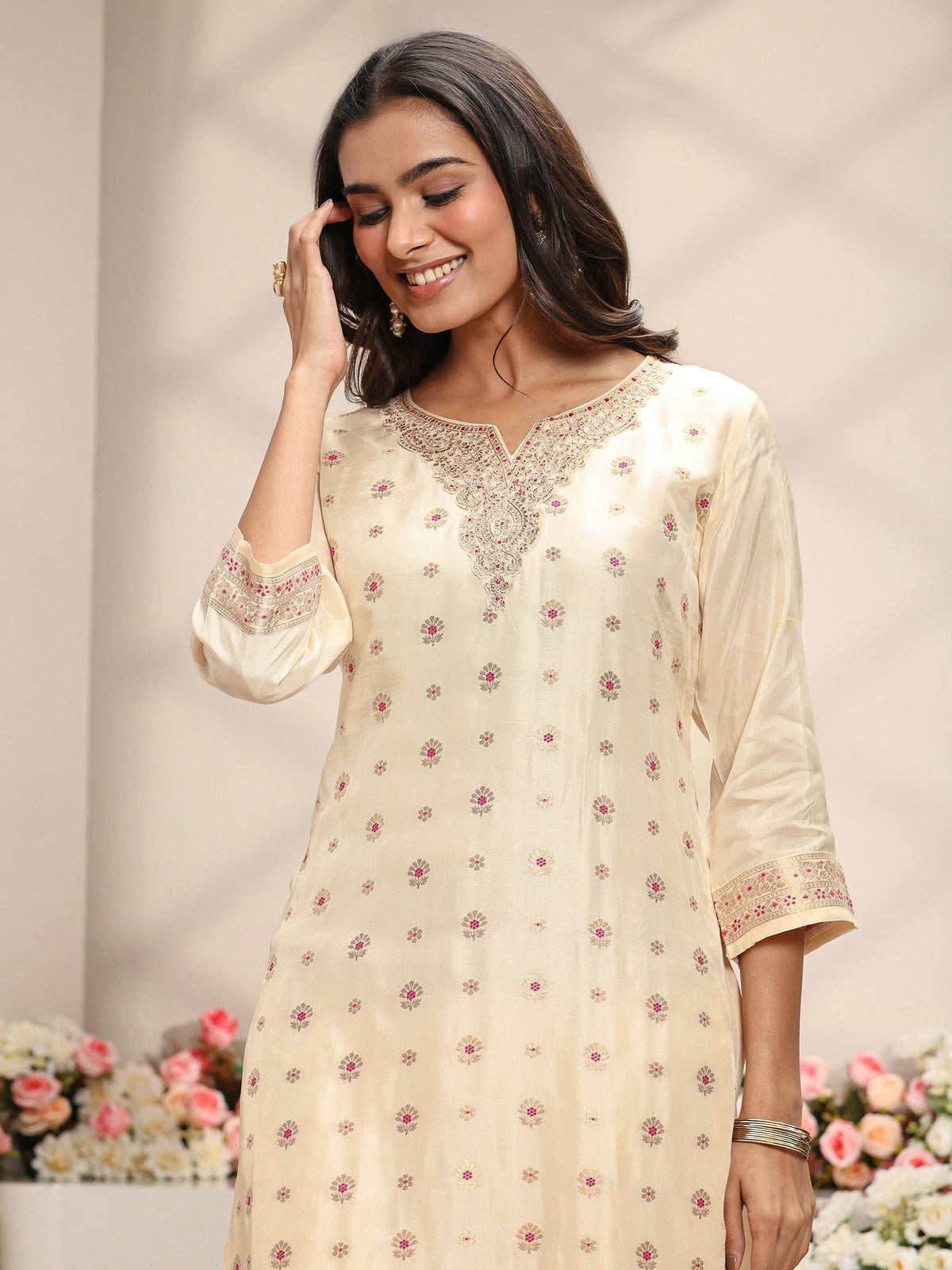 Libas Ivory Woven Design Silk Blend Straight Suit Set With Dupatta