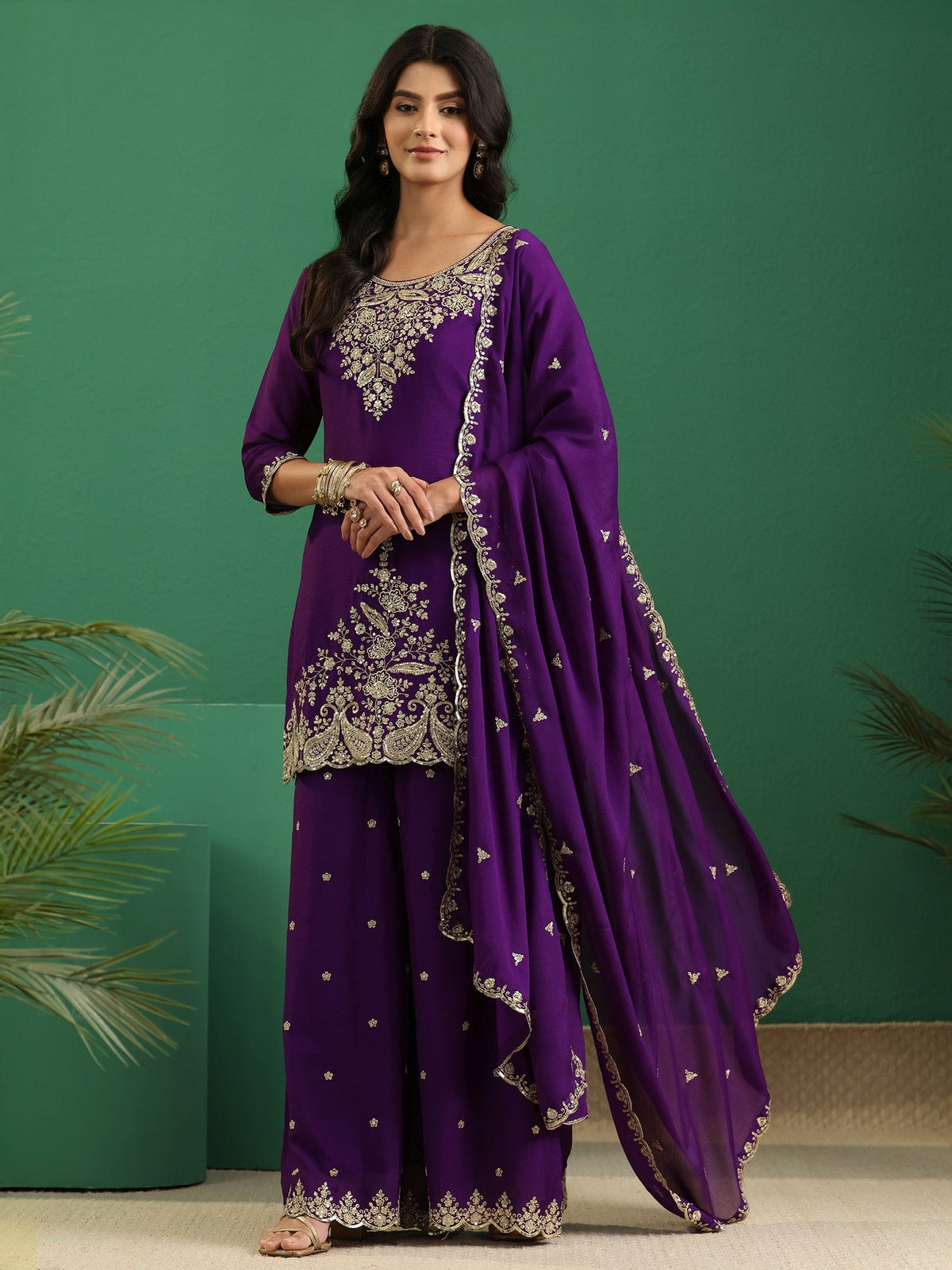 Libas Imperial Purple Paisley Embellished Chinon Palazzo Suit Set KS67