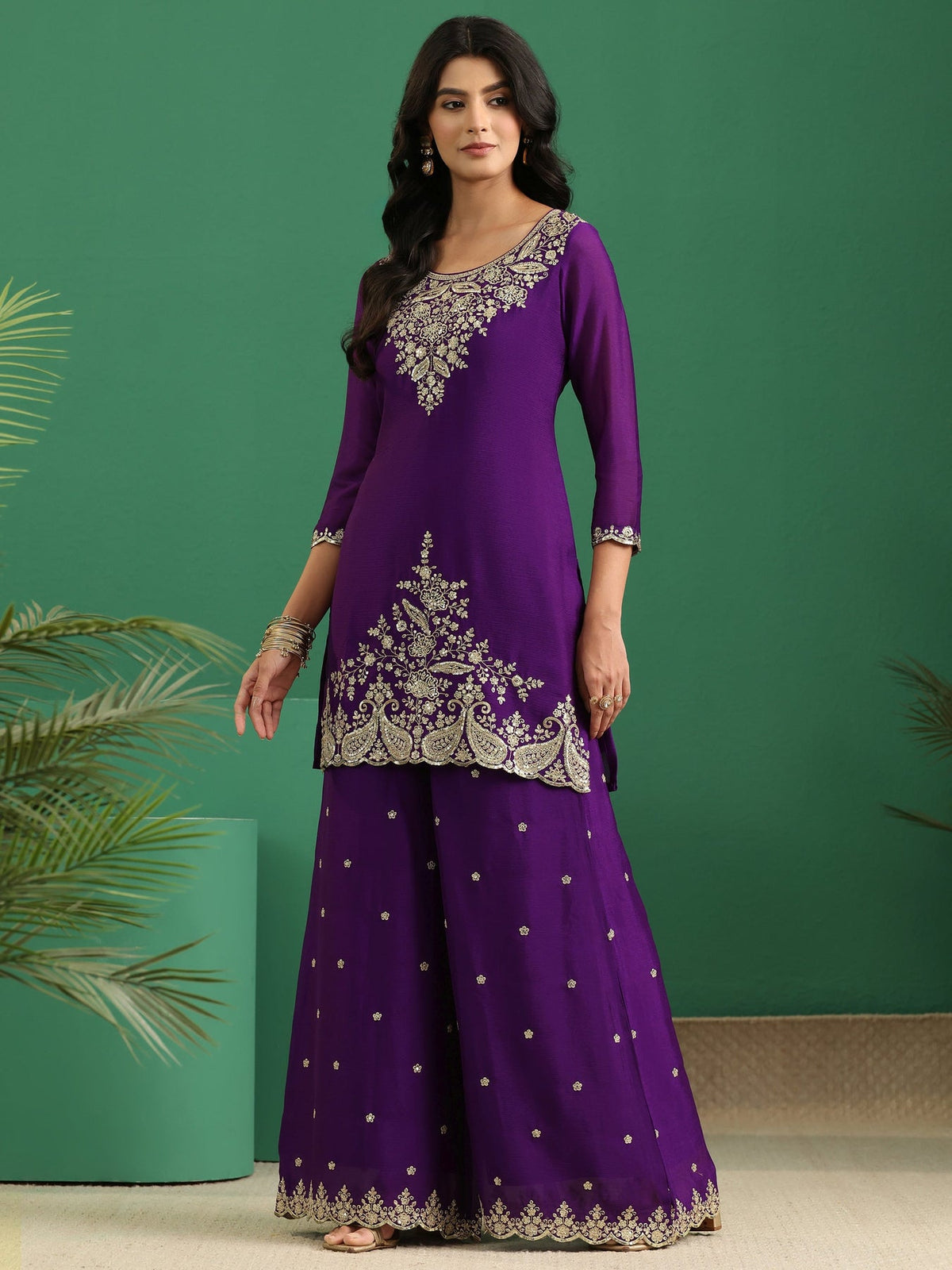 Libas Imperial Purple Paisley Embellished Chinon Palazzo Suit Set KS67