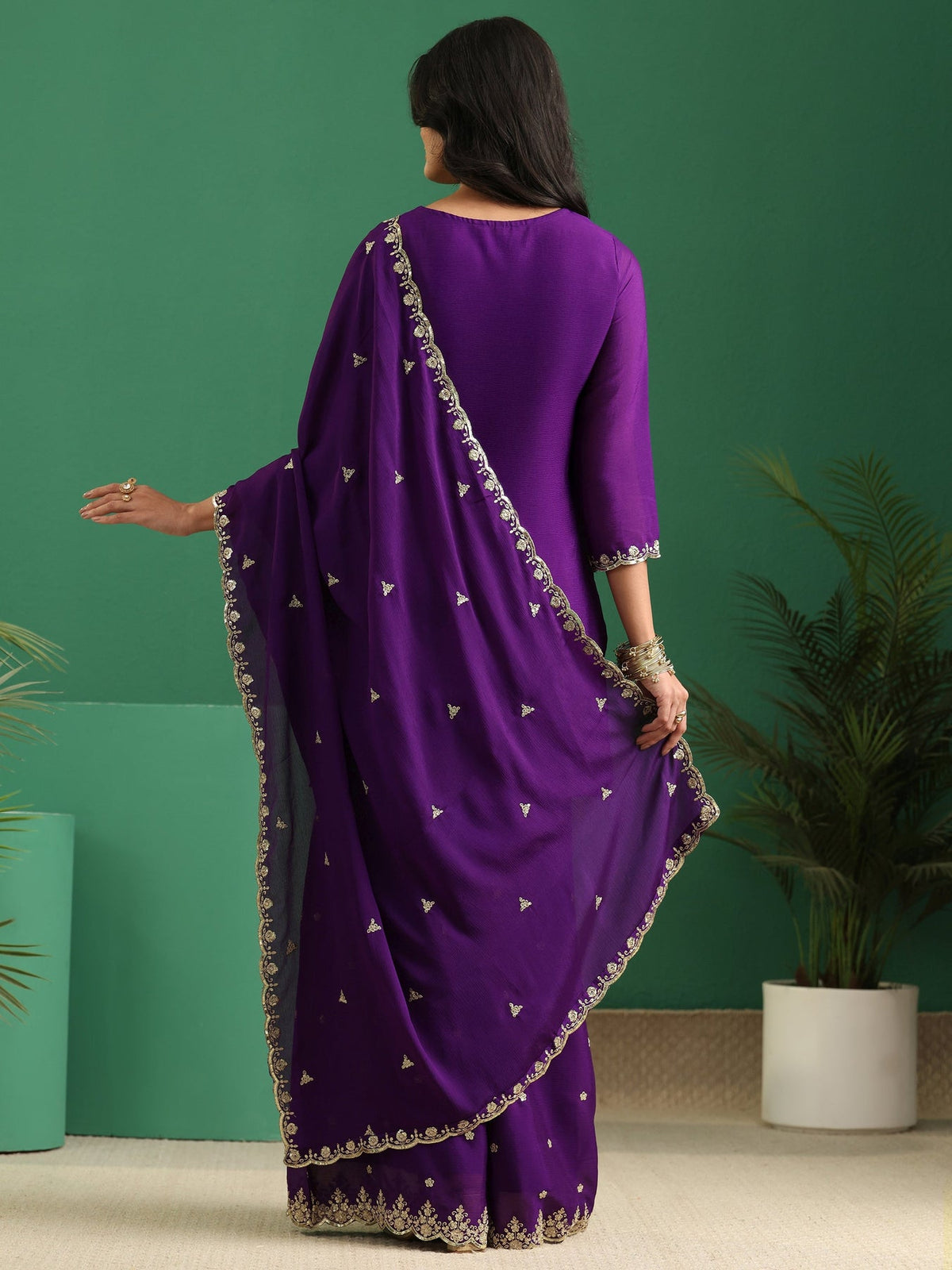 Libas Imperial Purple Paisley Embellished Chinon Palazzo Suit Set KS67