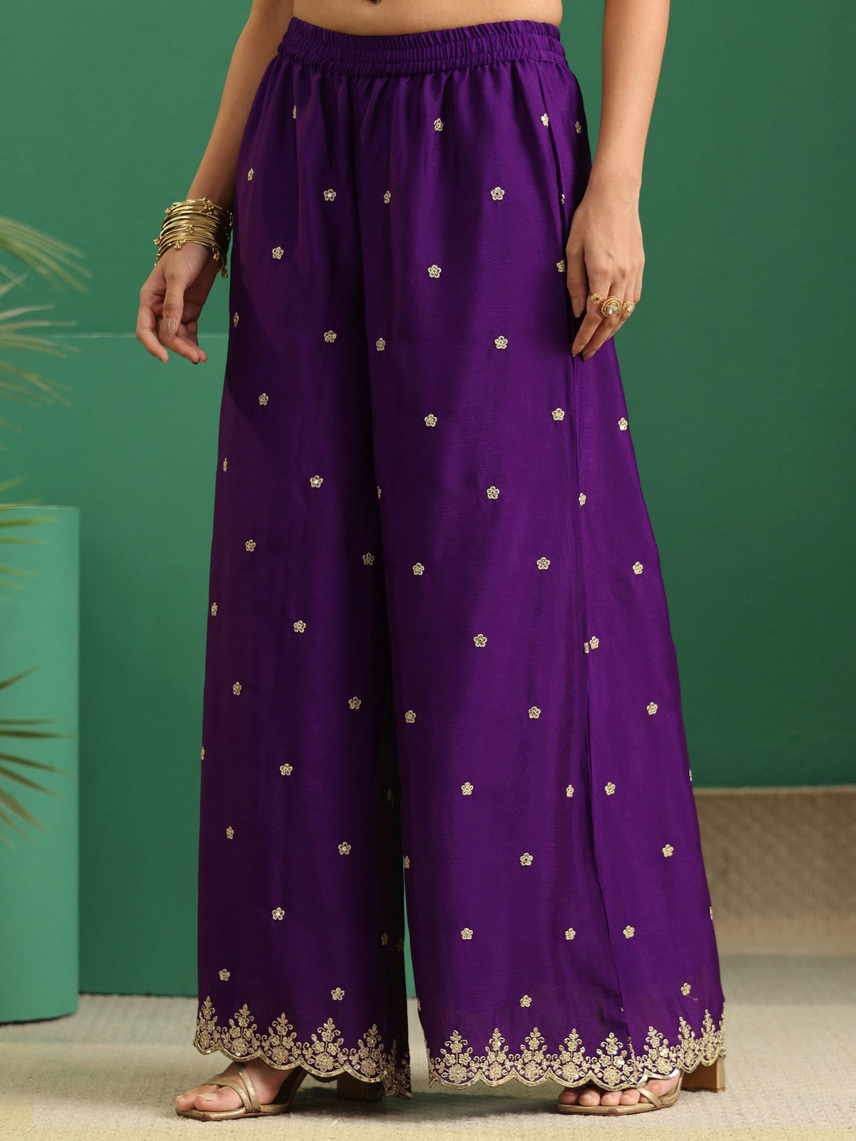 Libas Imperial Purple Paisley Embellished Chinon Palazzo Suit Set KS67