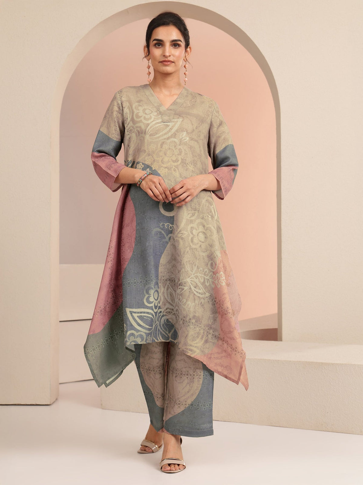 Libas Beige Floral Printed Linen High Low Kurta Set KS67