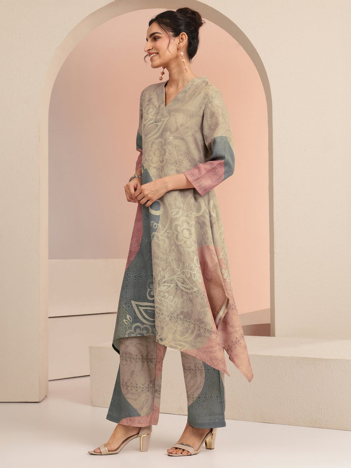 Libas Beige Floral Printed Linen High Low Kurta Set KS67