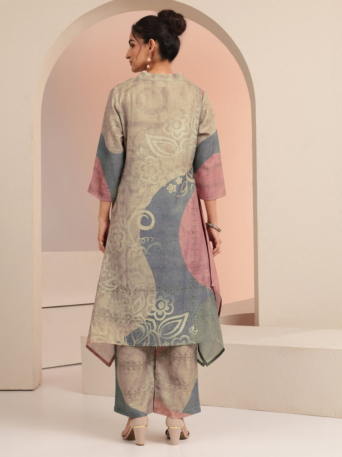 Libas Beige Floral Printed Linen High Low Kurta Set KS67