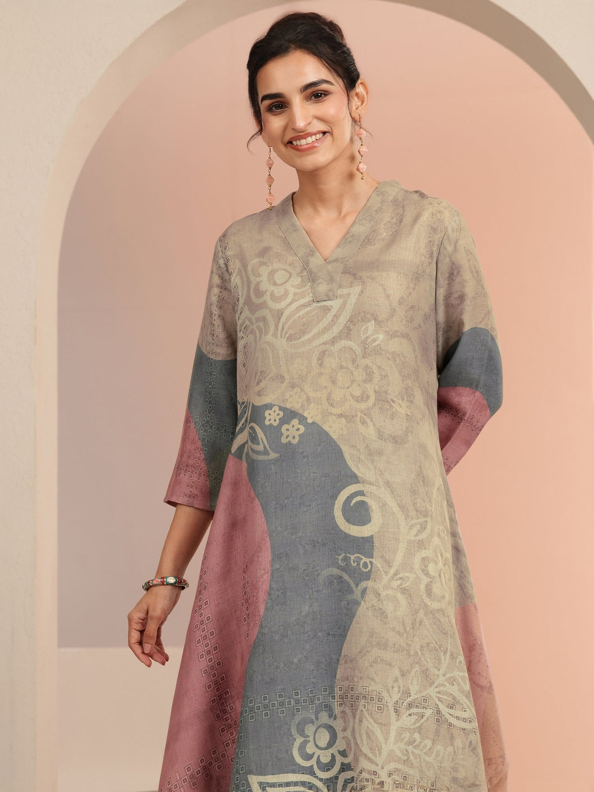 Libas Beige Floral Printed Linen High Low Kurta Set KS67