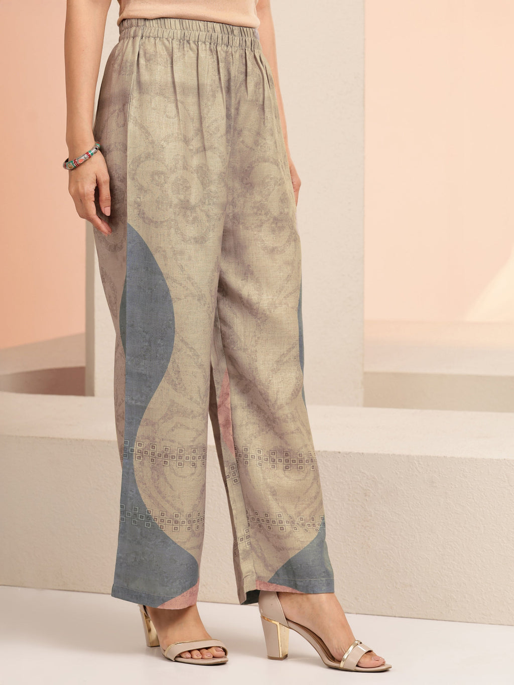 Libas Beige Floral Printed Linen High Low Kurta Set