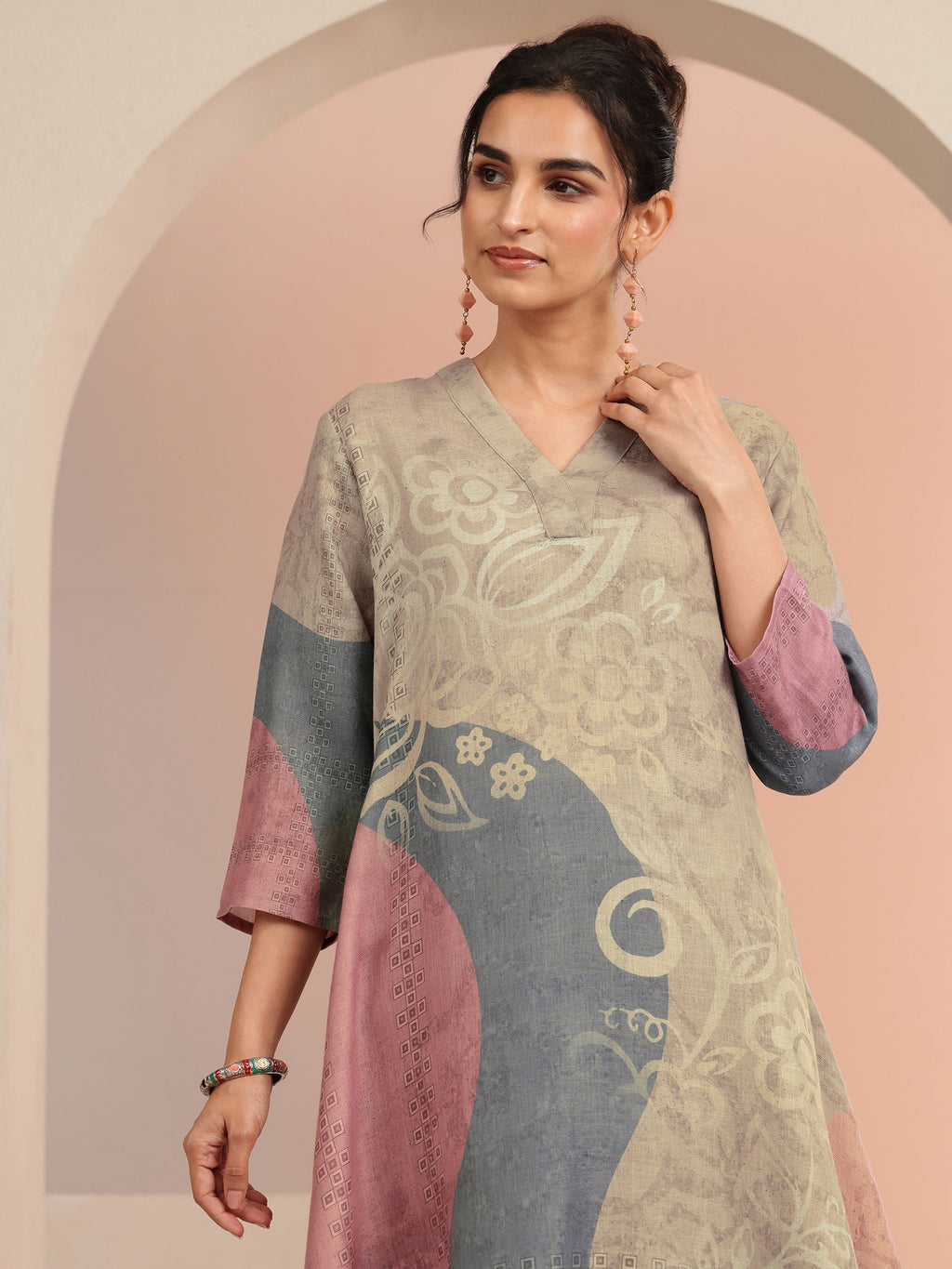 Libas Beige Floral Printed Linen High Low Kurta Set